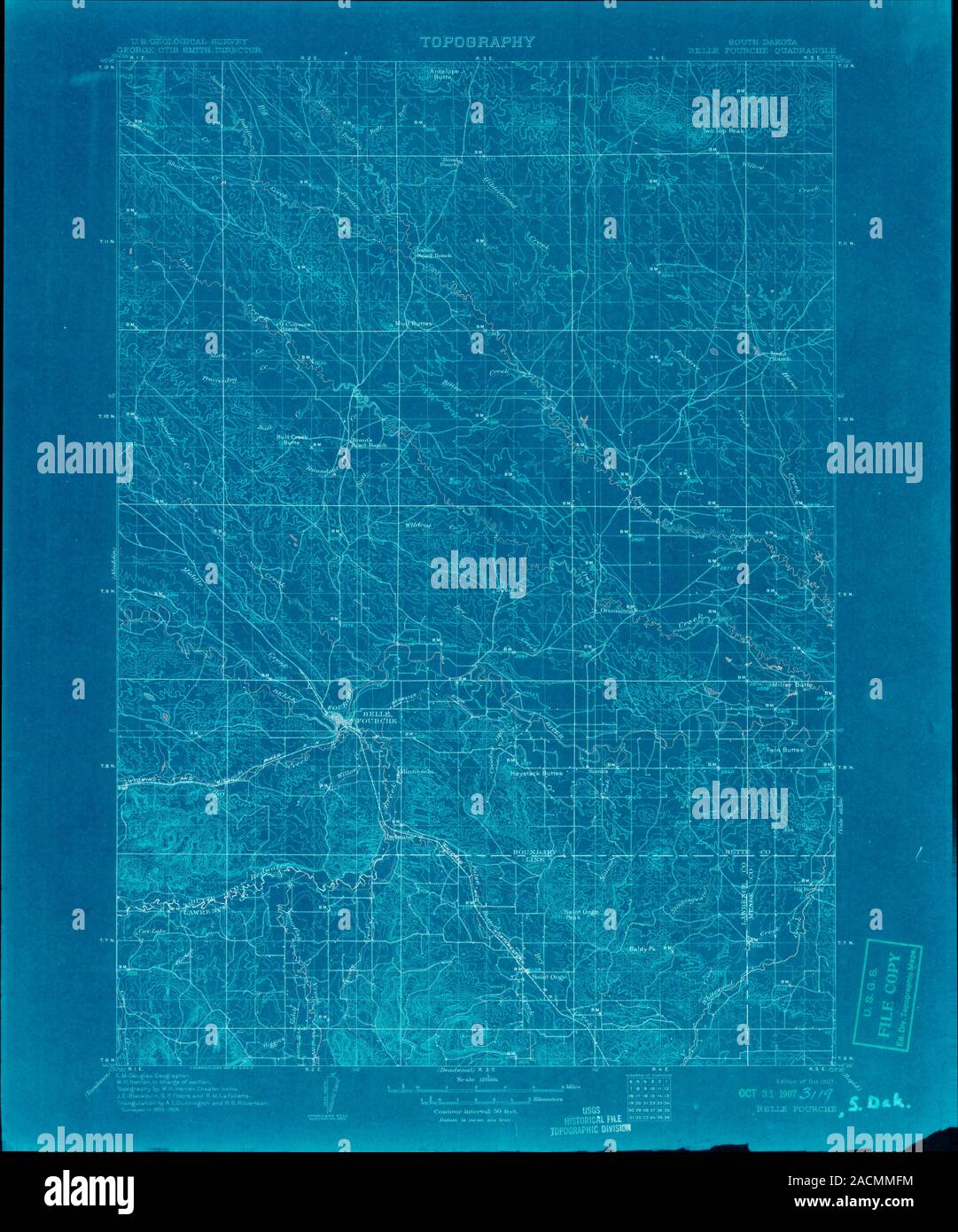 USGS TOPO Map South Dakota SD Belle Fourche 344741 1907 125000 Inverted Restoration Stock Photo