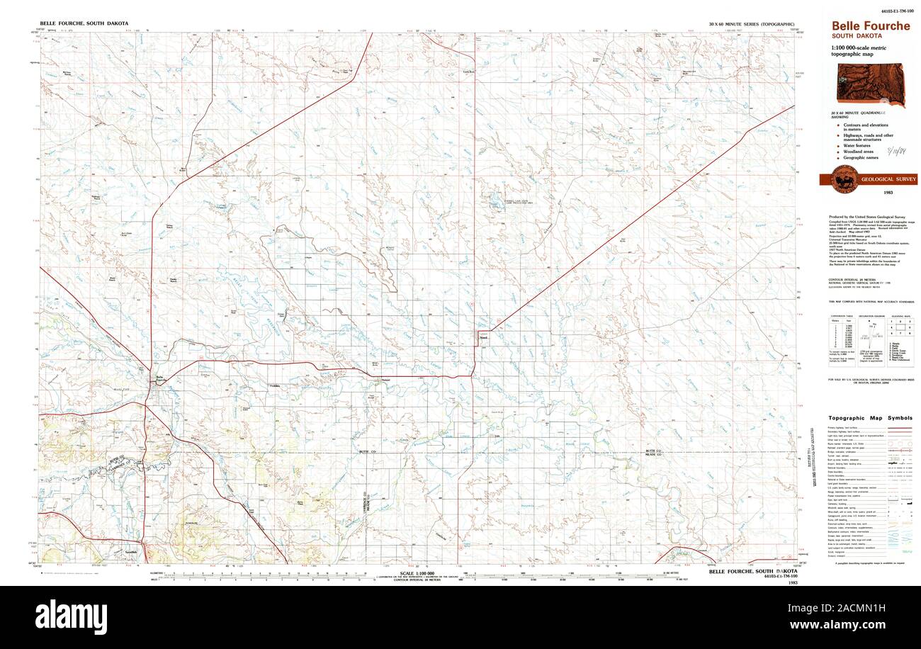 USGS TOPO Map South Dakota SD Belle Fourche 344660 1983 100000 Restoration Stock Photo