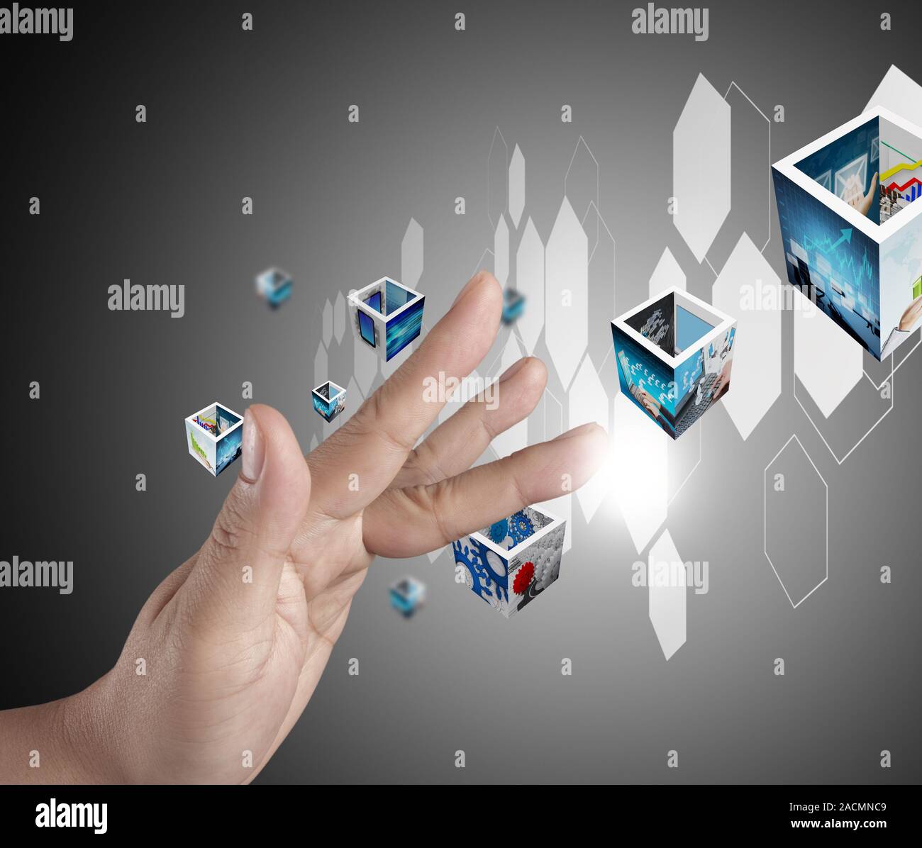 hand pushing on a touch screen interface Stock Photo