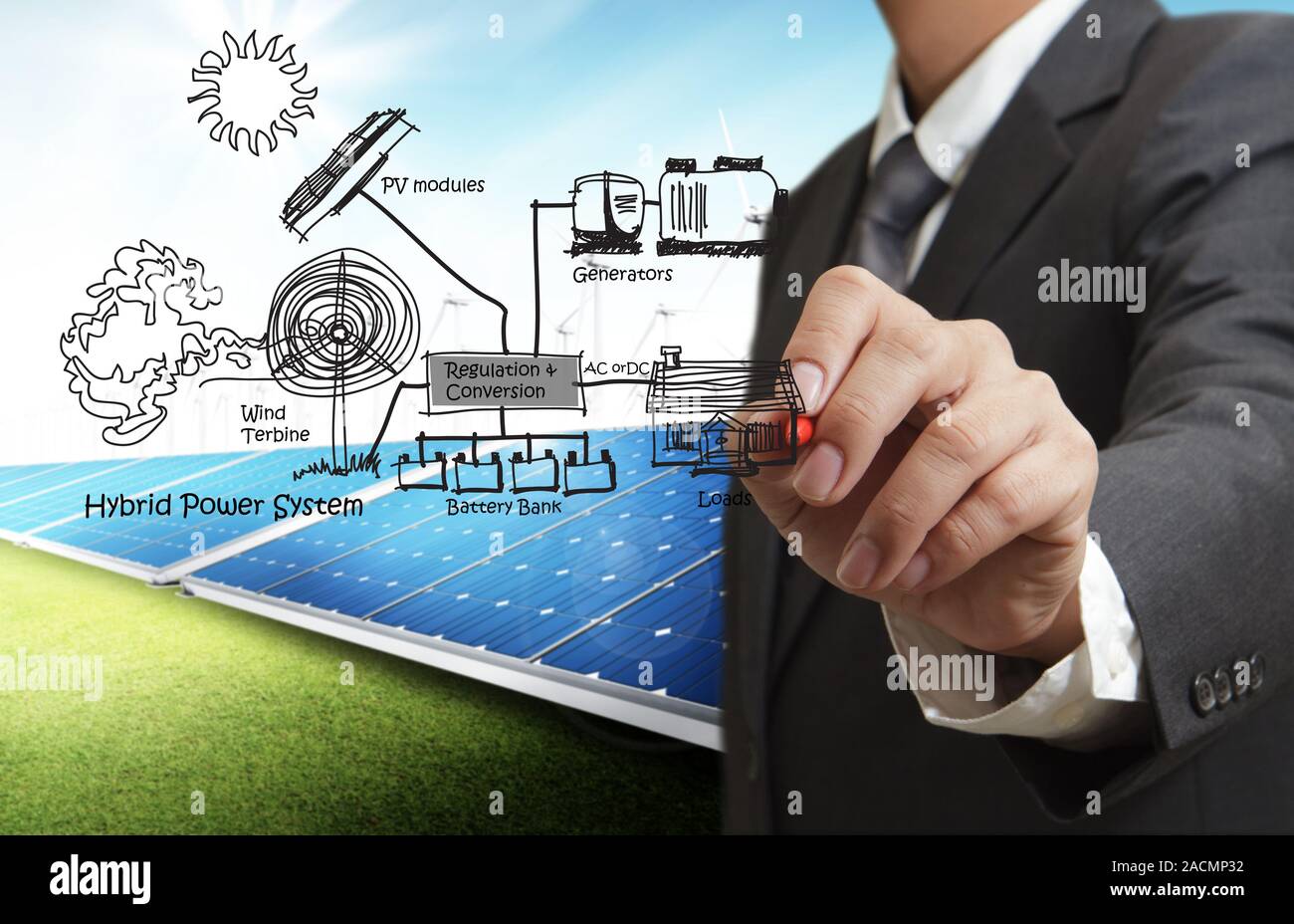 engineer draws hybrid power system,combine multiple sources diagram Stock Photo