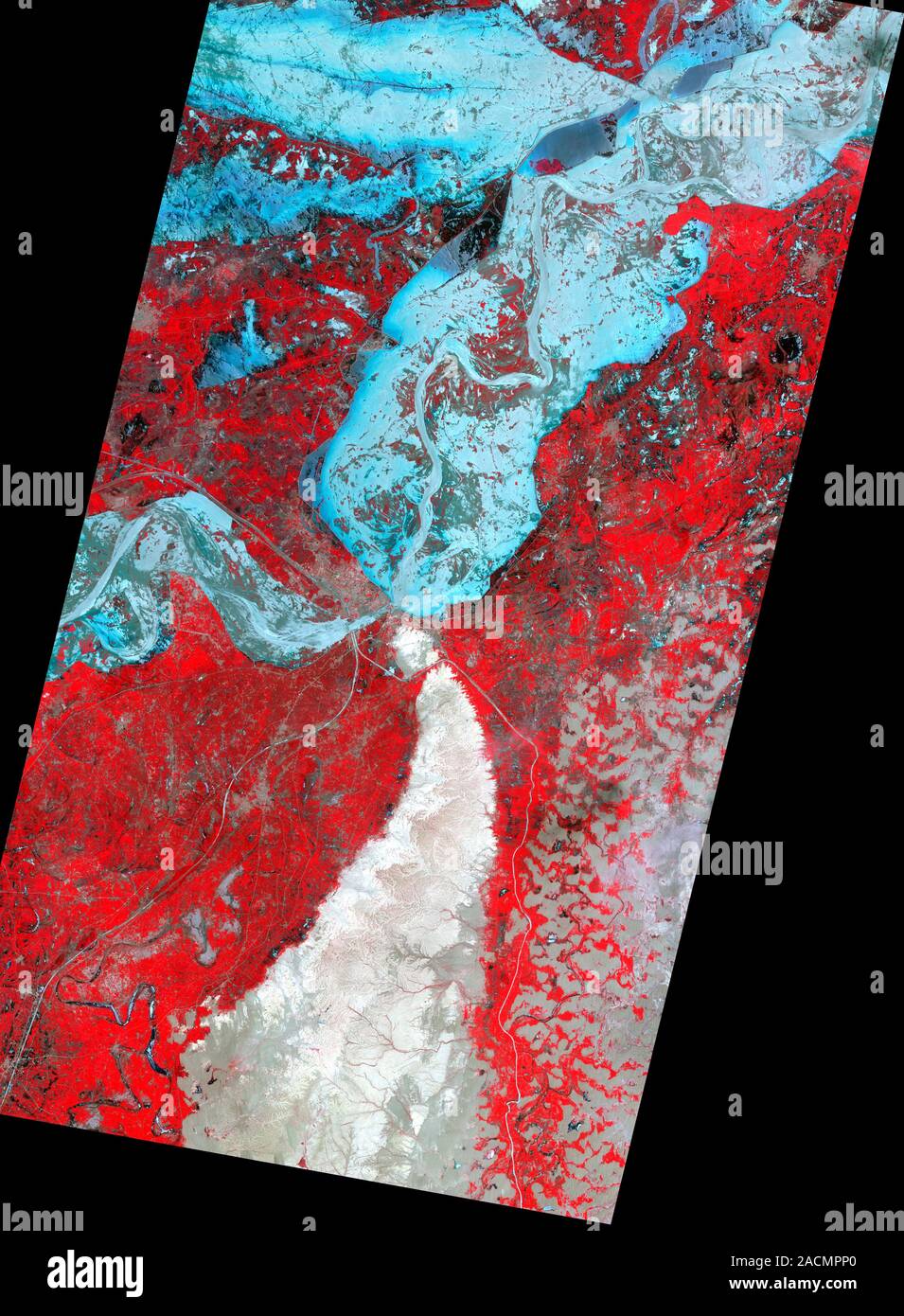 Indus river, Pakistan, satellite image. Image of the Indus river (far