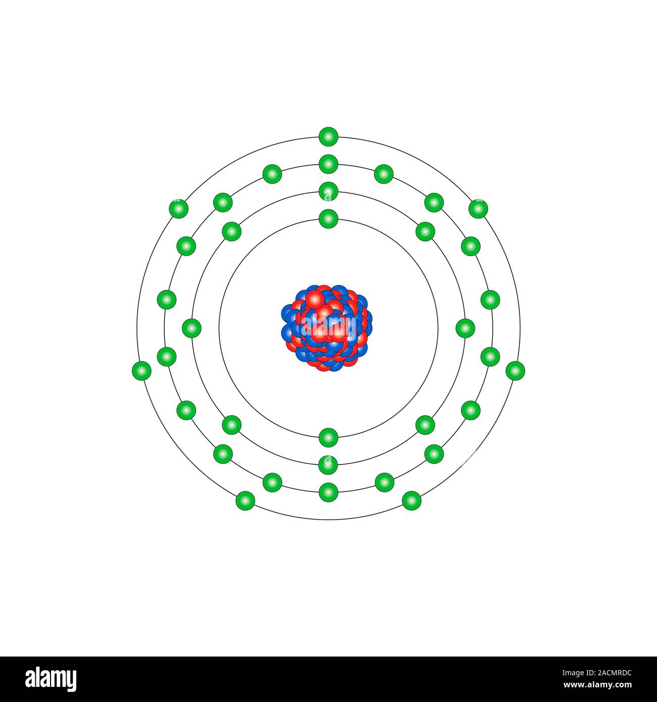 Bromine (Br). Diagram of the nuclear composition and electron configuration of an atom of bromine-79 (atomic number: 35), the most common isotope of t Stock Photo