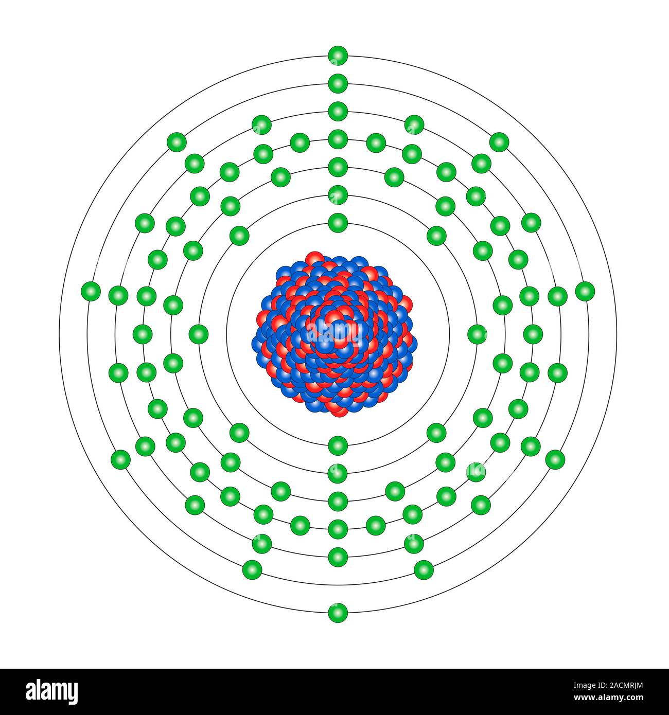 Actinium (Ac). Diagram of the nuclear composition and electron configuration of an atom of actinium-227 (atomic number: 89), the most stable isotope o Stock Photo
