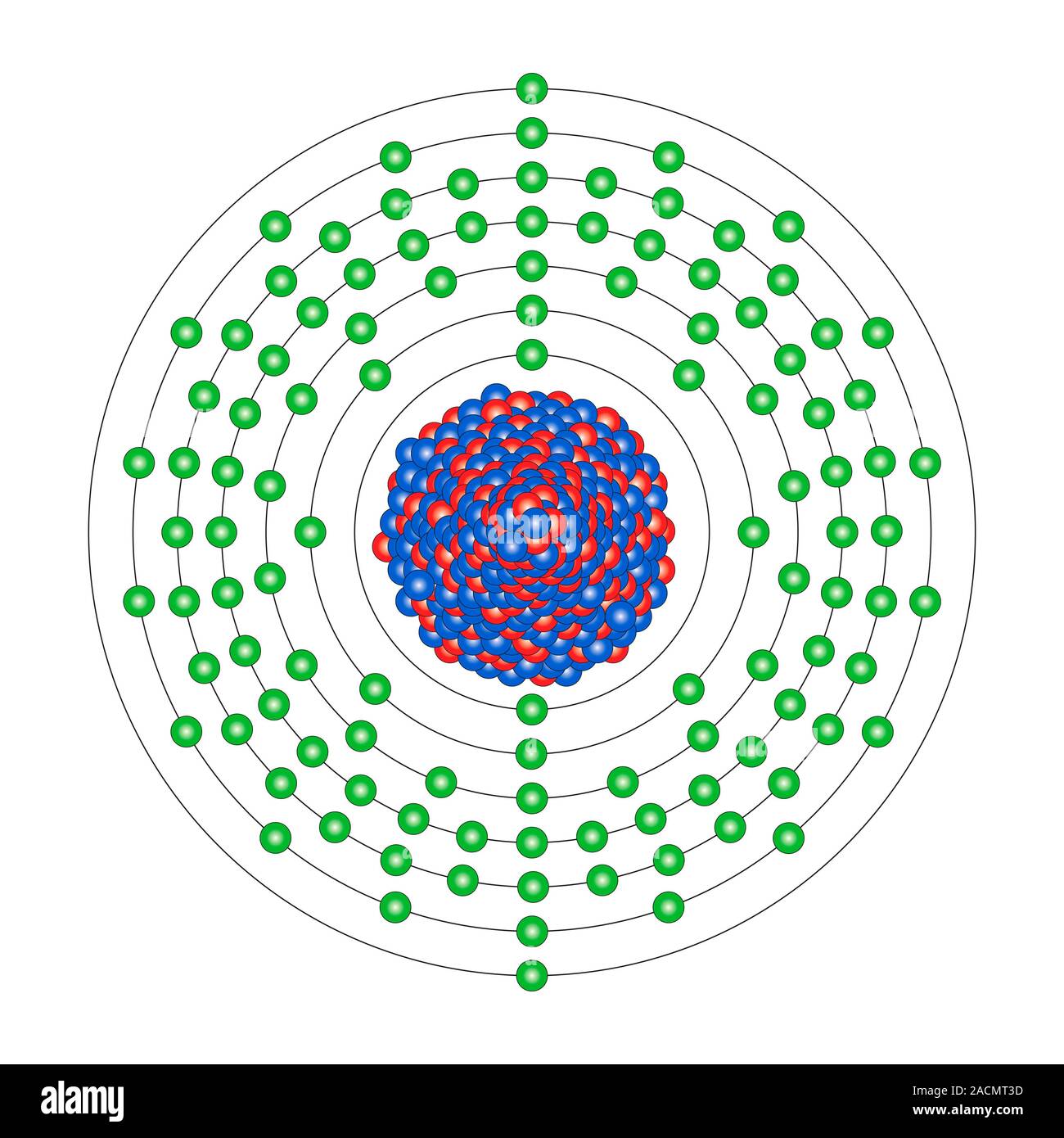 Copernicium (Cn). Diagram of the nuclear composition and electron configuration of an atom of copernicium-285 (atomic number: 112), the most stable is Stock Photo