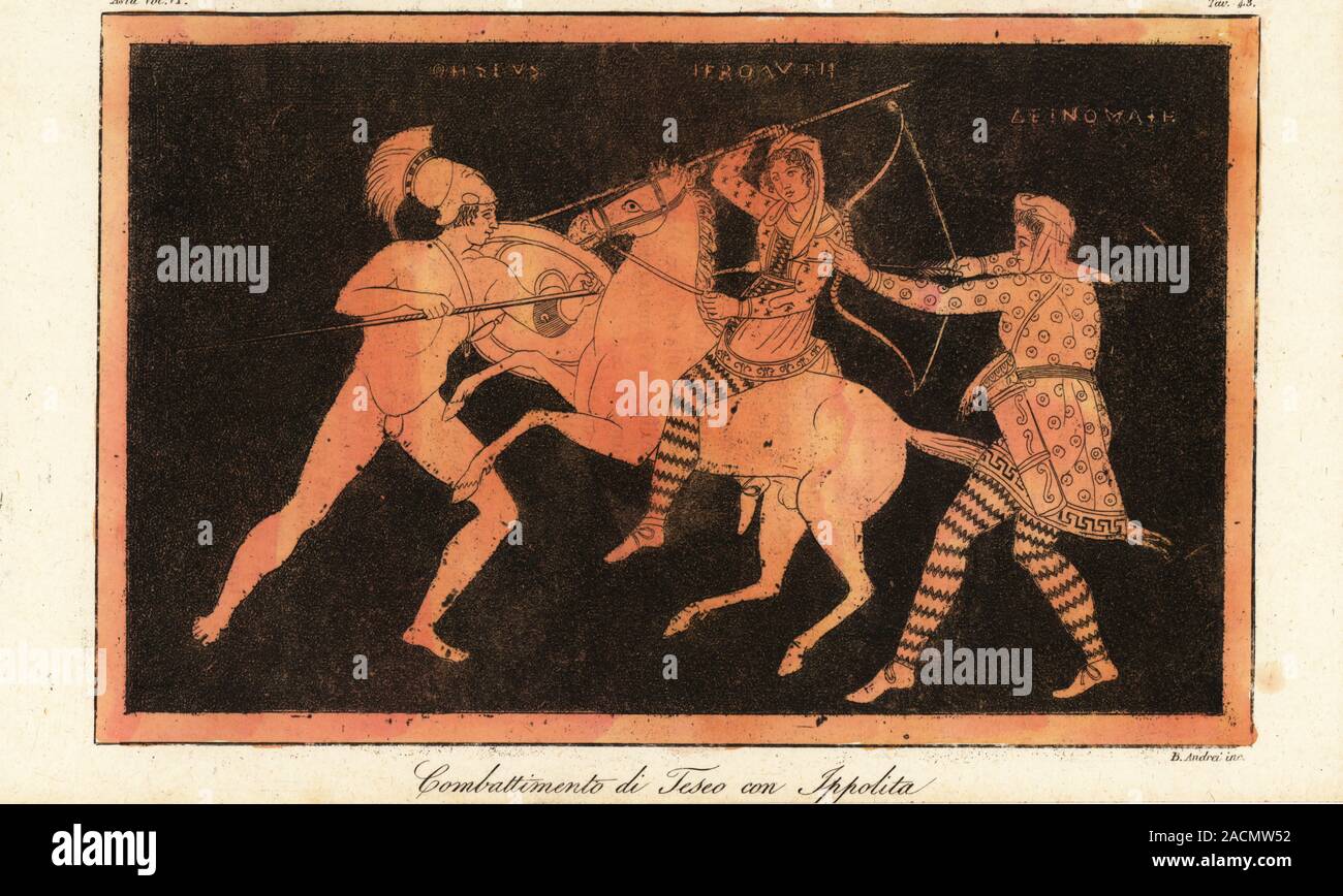 Theseus, king of Athens, killing the Amazon queen Hippolyta with a spear. Hippolyta wears Anassiridi pantalons, Scythian shoes and a tunic decorated with stars. The Amazon warrior Deinomache, wearing an old Scythian style tunic, defends her queen with Scythian bow and quiver of arrows. Combattimento di Teseo con Ippolita. From a Roman vase. Handcoloured copperplate engraving by B. Andrei from Giulio Ferrario’s Costumes Ancient and Modern of the Peoples of the World, Il Costume Antico e Moderno, Florence, 1847. Stock Photo