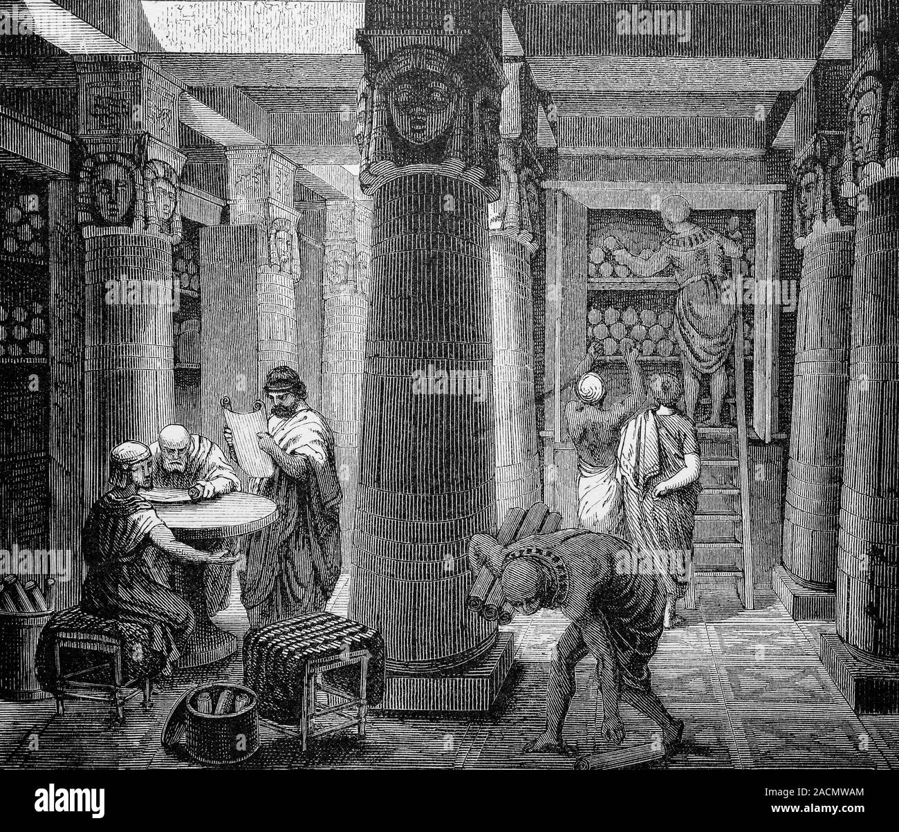 Library of Alexandria, Ancient Egypt. 19thcentury artwork of scribes
