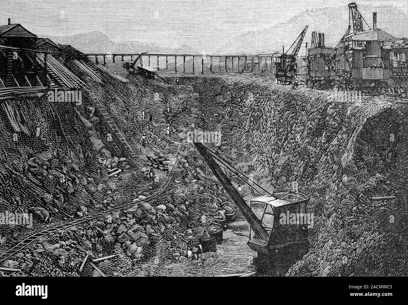 Panama Canal construction. 19th-century artwork of steam construction ...