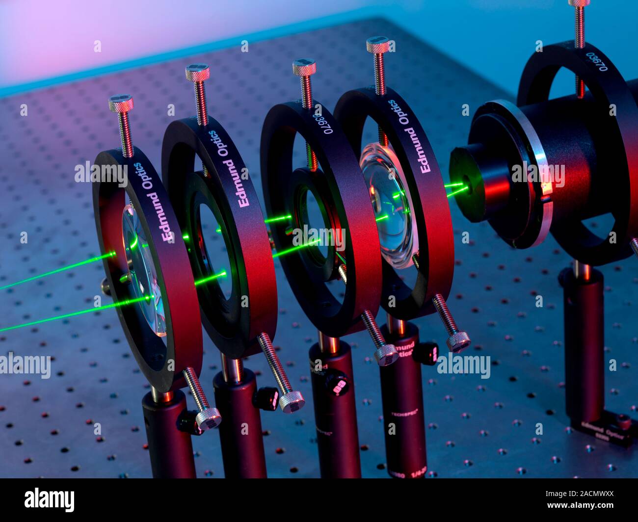 Acoustic velocity measurements. Laser apparatus (green beams) being used in photon correlation spectroscopy for airborne acoustic velocity measurement Stock Photo