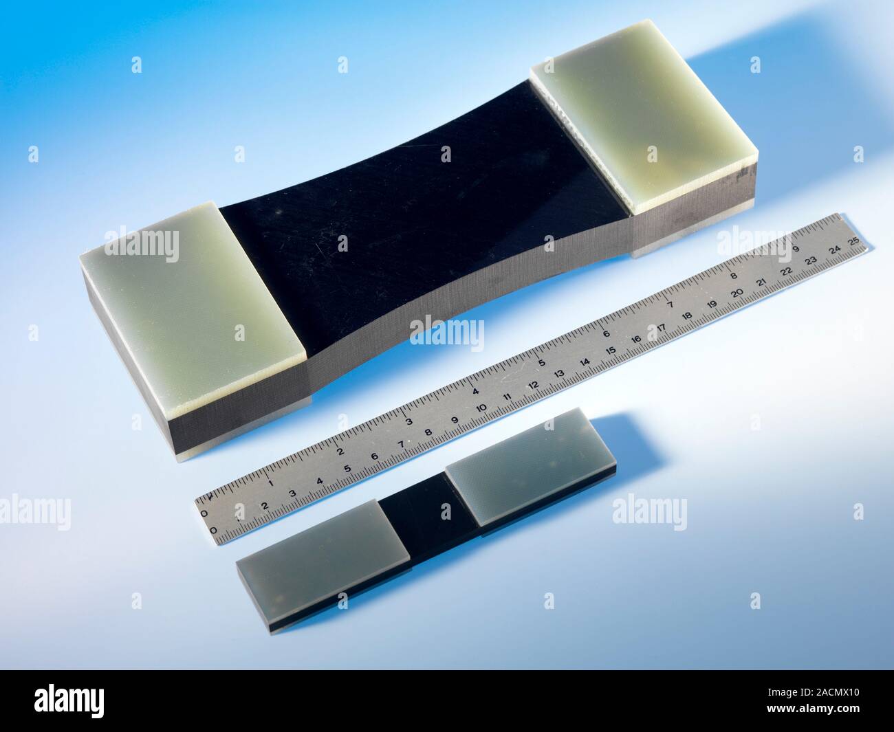 Composite material, compression testing. Ruler next to specimens of a ...