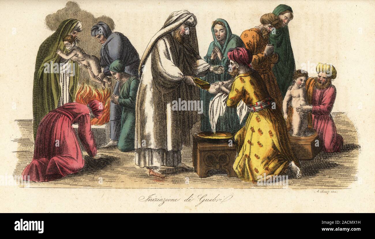 Initiation ceremonies of gabr or disciples of Zoroastrianism in ancient Persia. A priest pours water in a baby’s mouth, washes a child and holds another over a pyre. Iniziazione de Guebri. Handcoloured copperplate engraving by from Giulio Ferrario’s Costumes Ancient and Modern of the Peoples of the World, Il Costume Antico e Moderno, Florence, 1847. Stock Photo