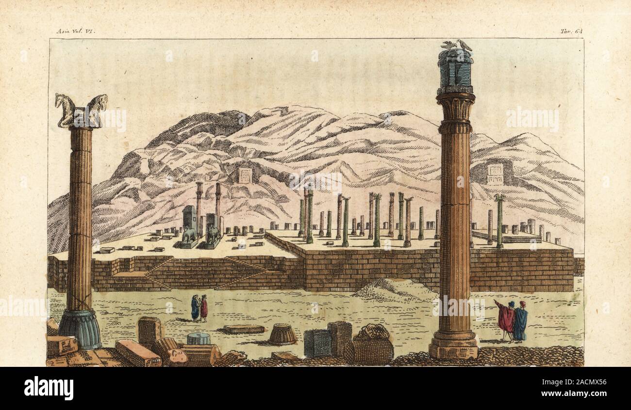 View of the ruins of Persepolis or Chehel Minar, capital of the Achaemenid Empire, Iran. Prospetto generale della rovine di Persepoli. Handcoloured copperplate engraving by Giovanni Antonio Sasso from Giulio Ferrario’s Costumes Ancient and Modern of the Peoples of the World, Il Costume Antico e Moderno, Florence, 1847. Stock Photo