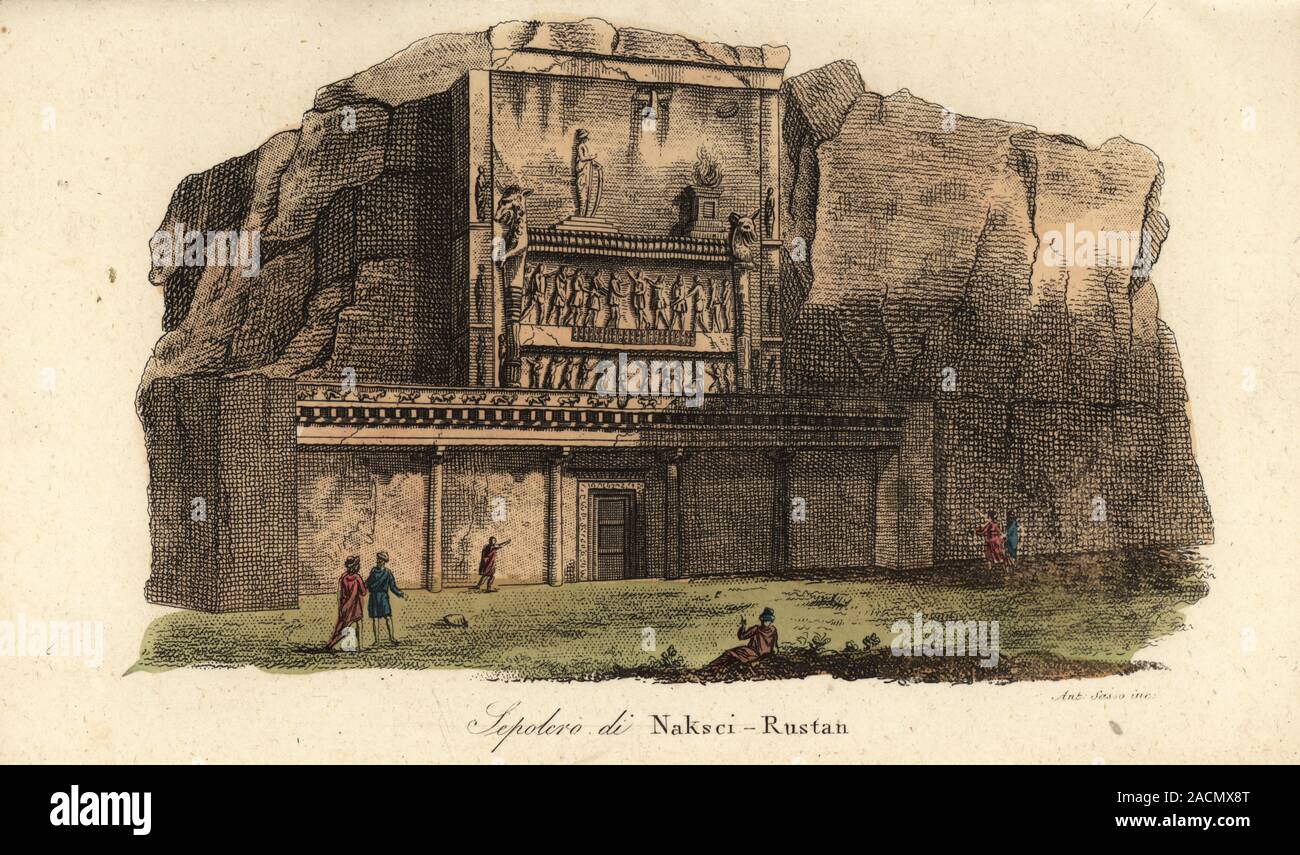View of the ancient necropolis of Naqsh-e Rostam, Persepolis, Iran. Tombs of Achaemenid kings carved into the rock. Sepolcro di Naksci-Rustan. Handcoloured copperplate engraving by Giovanni Antonio Sasso from Giulio Ferrario’s Costumes Ancient and Modern of the Peoples of the World, Il Costume Antico e Moderno, Florence, 1847. Stock Photo