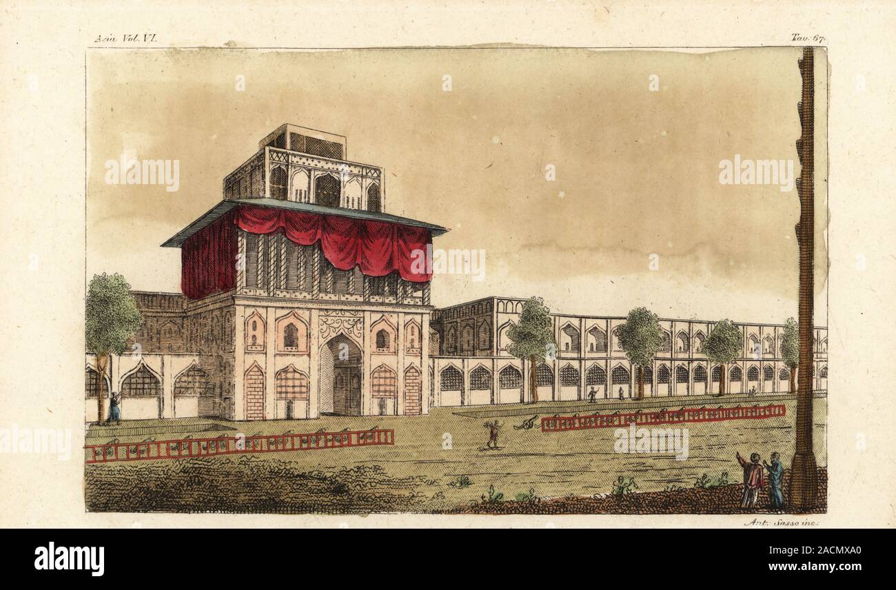 The Ali Qapu Palace, or Imperial Palace, in Isfahan, Iran. Built by Shah Abbas I in the early 17th century. Palazzo Reale. Handcoloured copperplate engraving by Giovanni Antonio Sasso from Giulio Ferrario’s Costumes Ancient and Modern of the Peoples of the World, Il Costume Antico e Moderno, Florence, 1847. Stock Photo