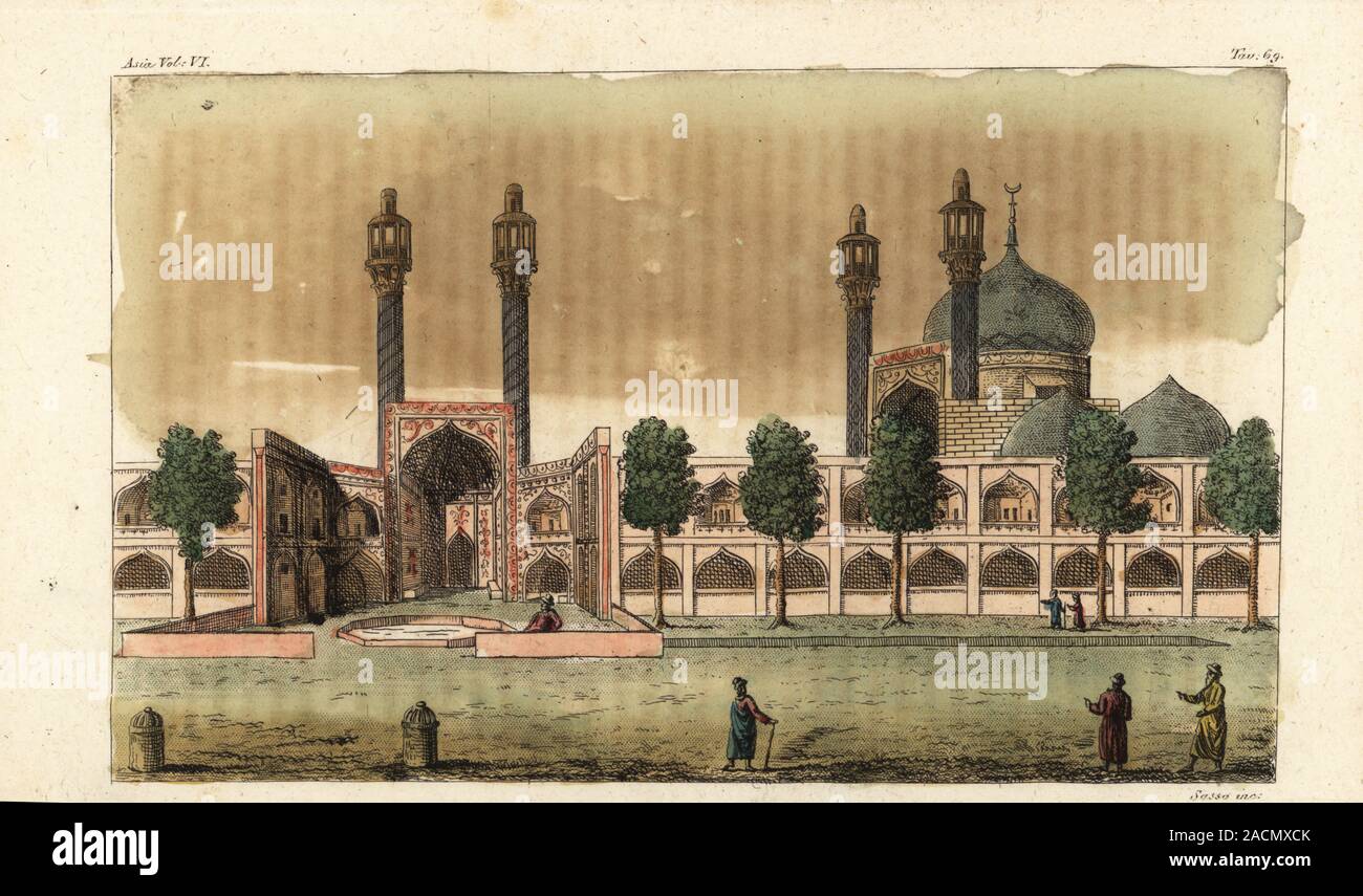 View of the Shah Mosque or New Abbasi Mosque, Isfahan, Iran. Based on an illustration by Jean Chardin. Moschea reale. Handcoloured copperplate engraving by Giovanni Antonio Sasso from Giulio Ferrario’s Costumes Ancient and Modern of the Peoples of the World, Il Costume Antico e Moderno, Florence, 1847. Stock Photo