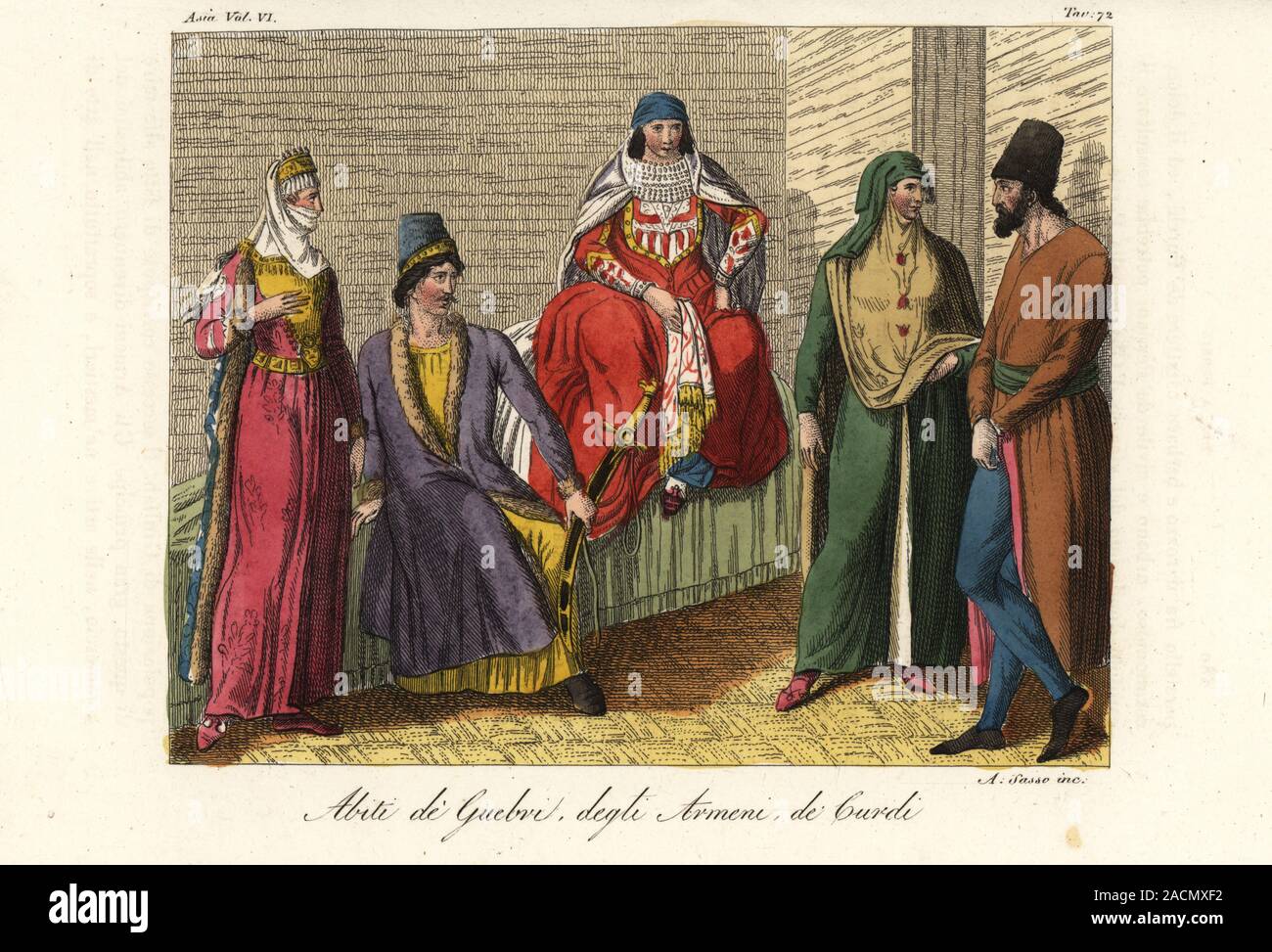 Costumes of the Gabr disciples of Zoroastrianism, Armenians, Kurds. Abiti di Guebri, degli Armeni de Curdi. Handcoloured copperplate engraving by Giovanni Antonio Sasso from Giulio Ferrario’s Costumes Ancient and Modern of the Peoples of the World, Il Costume Antico e Moderno, Florence, 1847. Stock Photo