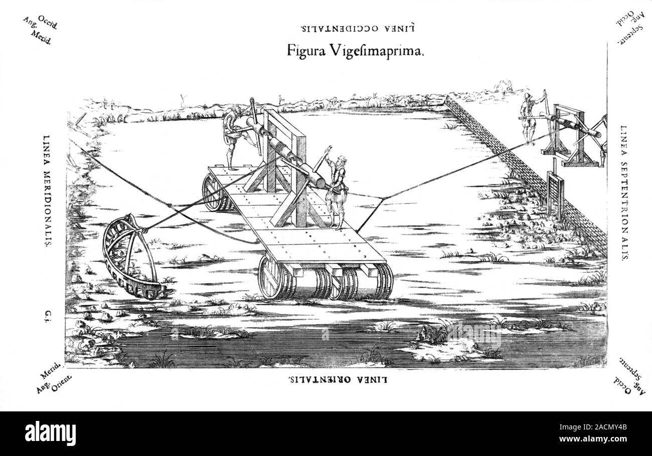 Dredging machine, 16th-century artwork. The toothed dredge is at left ...