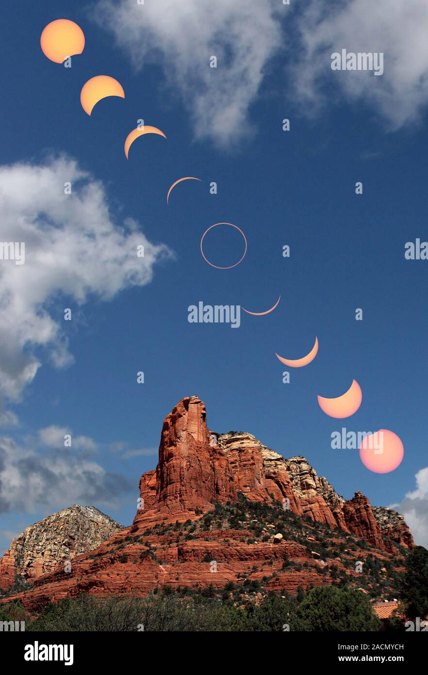 Annular solar eclipse, Red Rocks, Sedona, Arizona, USA, composite image