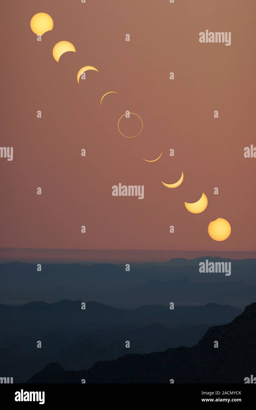 Annular solar eclipse over Arizona, USA, composite image. Solar