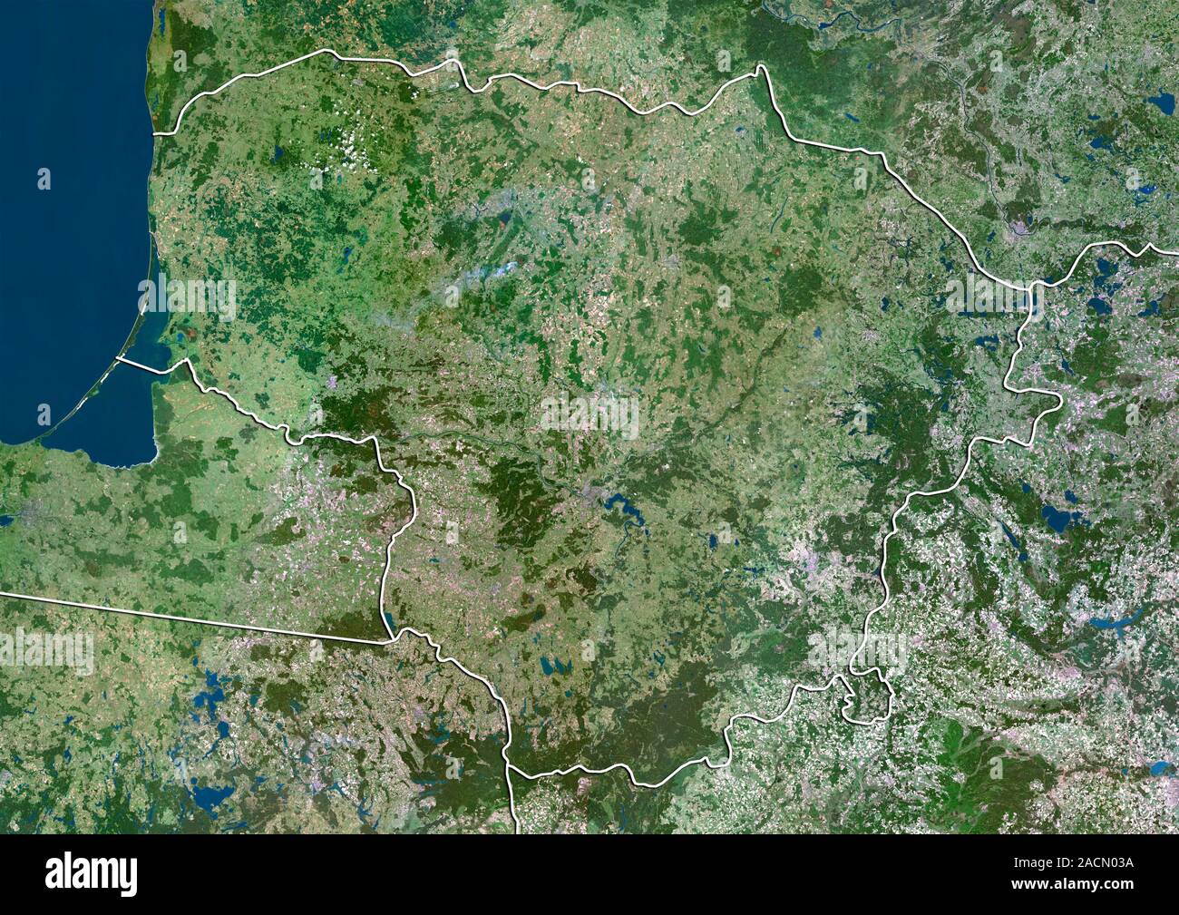Lithuania, satellite image. North is at top. Natural colour satellite image showing Lithuania (centre) and the surrounding territories. Lithuania is l Stock Photo