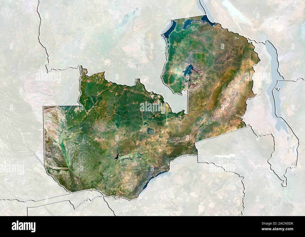 Zambia, satellite image. North is at top. Natural colour satellite