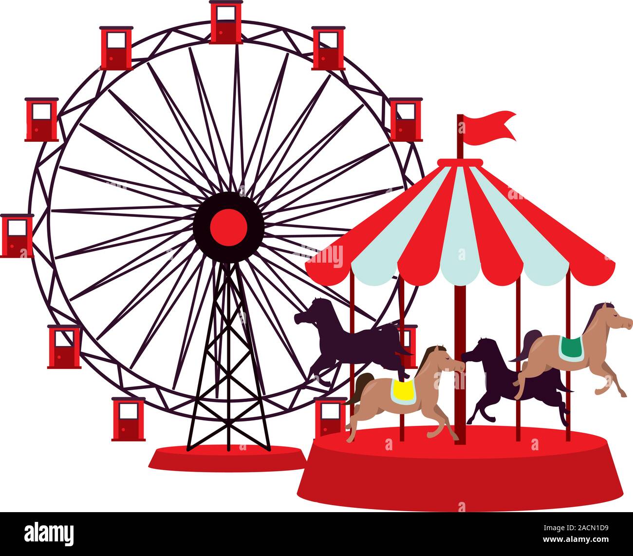 panoramic wheel and carrousel attractions Stock Vector