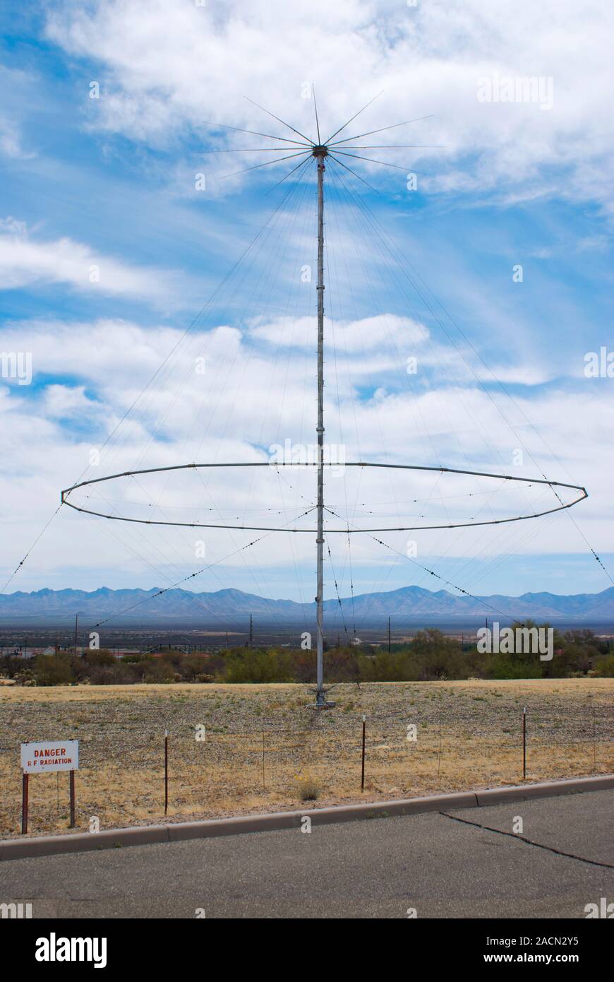 A discone radio antenna at Titan Missile Museum, near Tucson, Arizona. A variant of a biconical antenna in which one of the cones is replaced by a dis Stock Photo