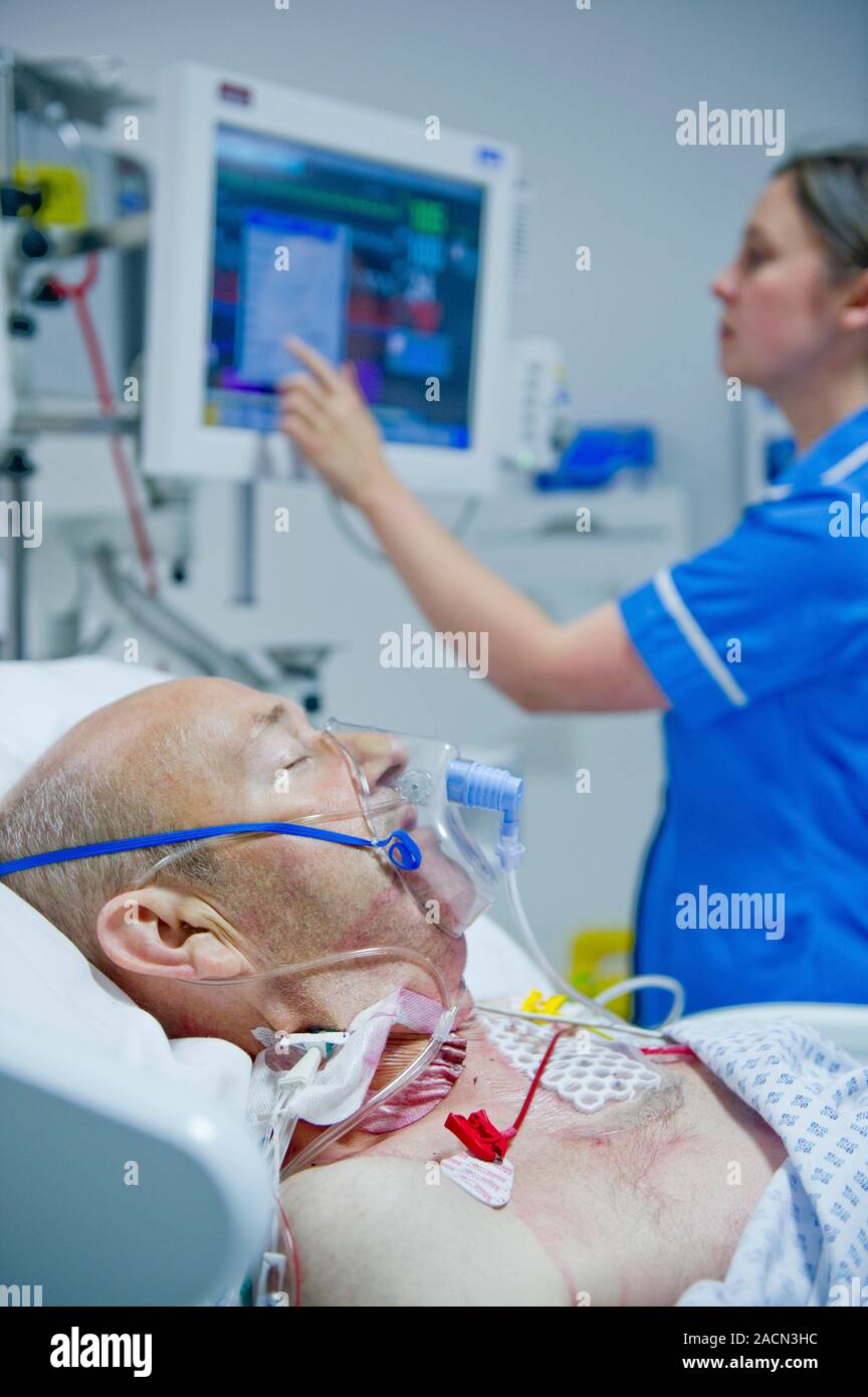 Intensive care patient. Nurse attending to a male patient in the ...