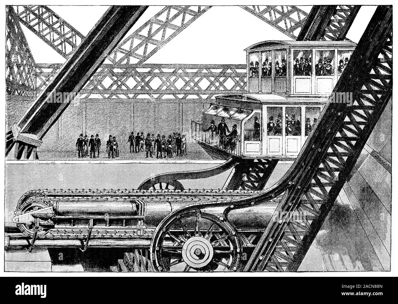 Eiffel Tower lift and hydraulics. 19thcentury artwork of one of the