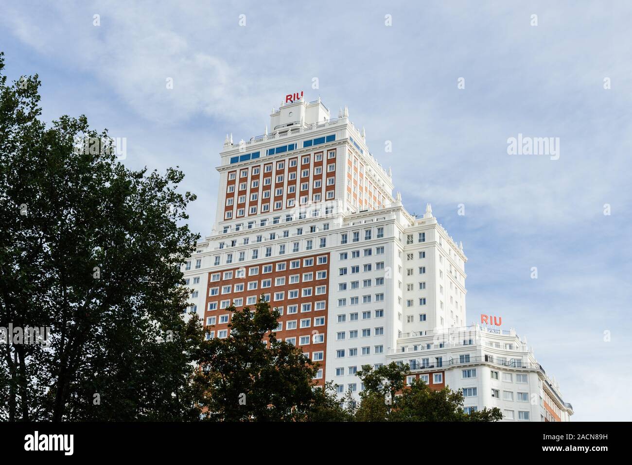 Madrid, Spain - November 1, 2019: Hotel Riu Plaza España, Square of Spain, in Gran Via avenue against sky Stock Photo