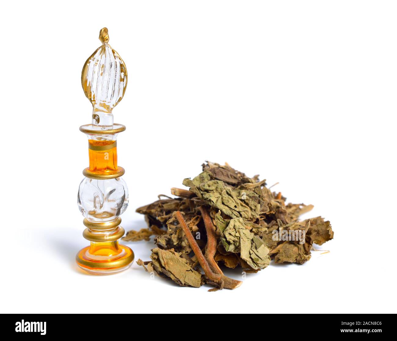Dried Pachouli plant with vintage perfume bottle. Isolated on white background Stock Photo