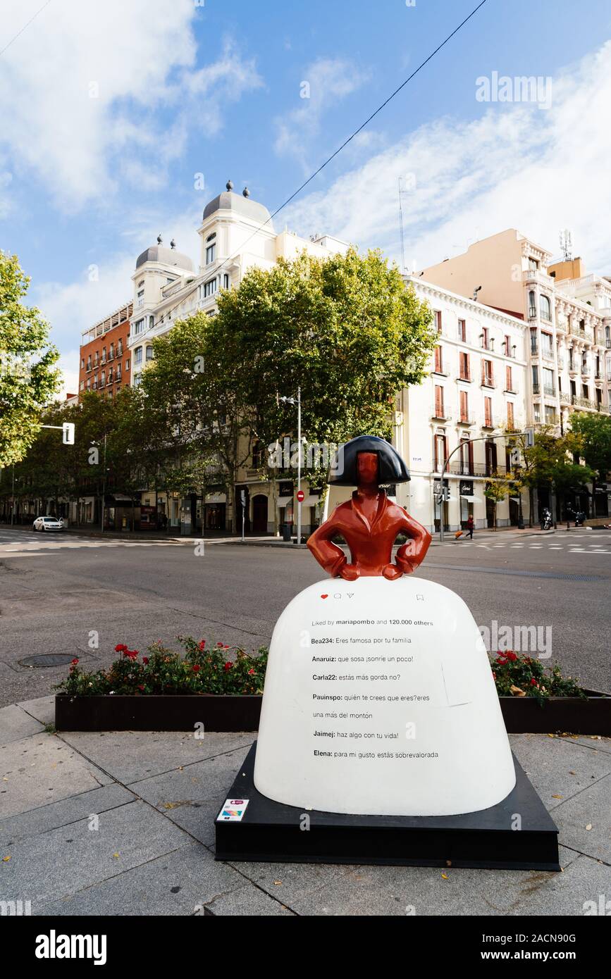 Madrid, Spain - November 2, 2019: Menina of Velazquez sculpture at corner in Serrano Street in Salamanca District Stock Photo