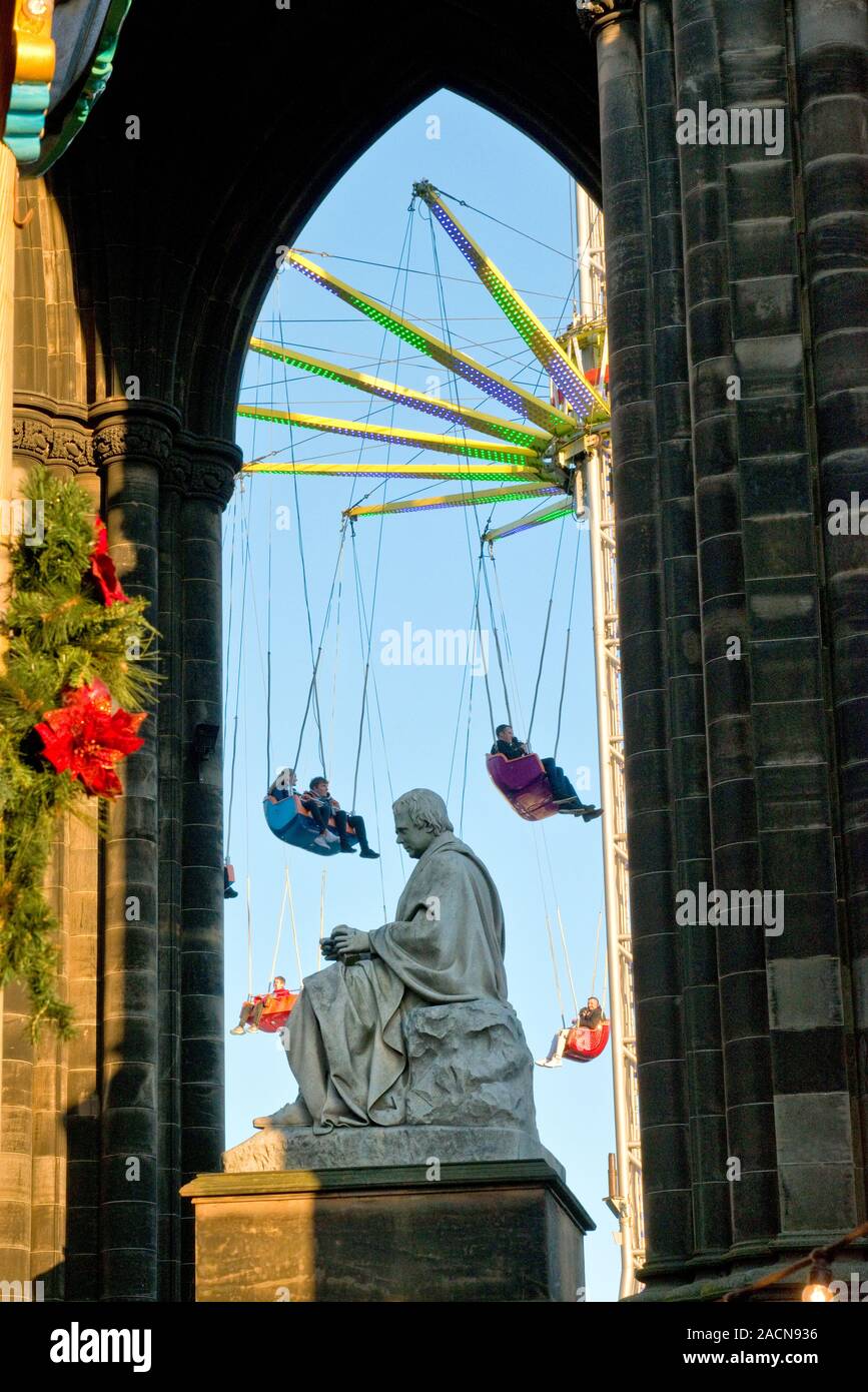 Fair Rides Scotland Walter Scott Monument and high Star Flyer fairground ride. Edinburgh ...