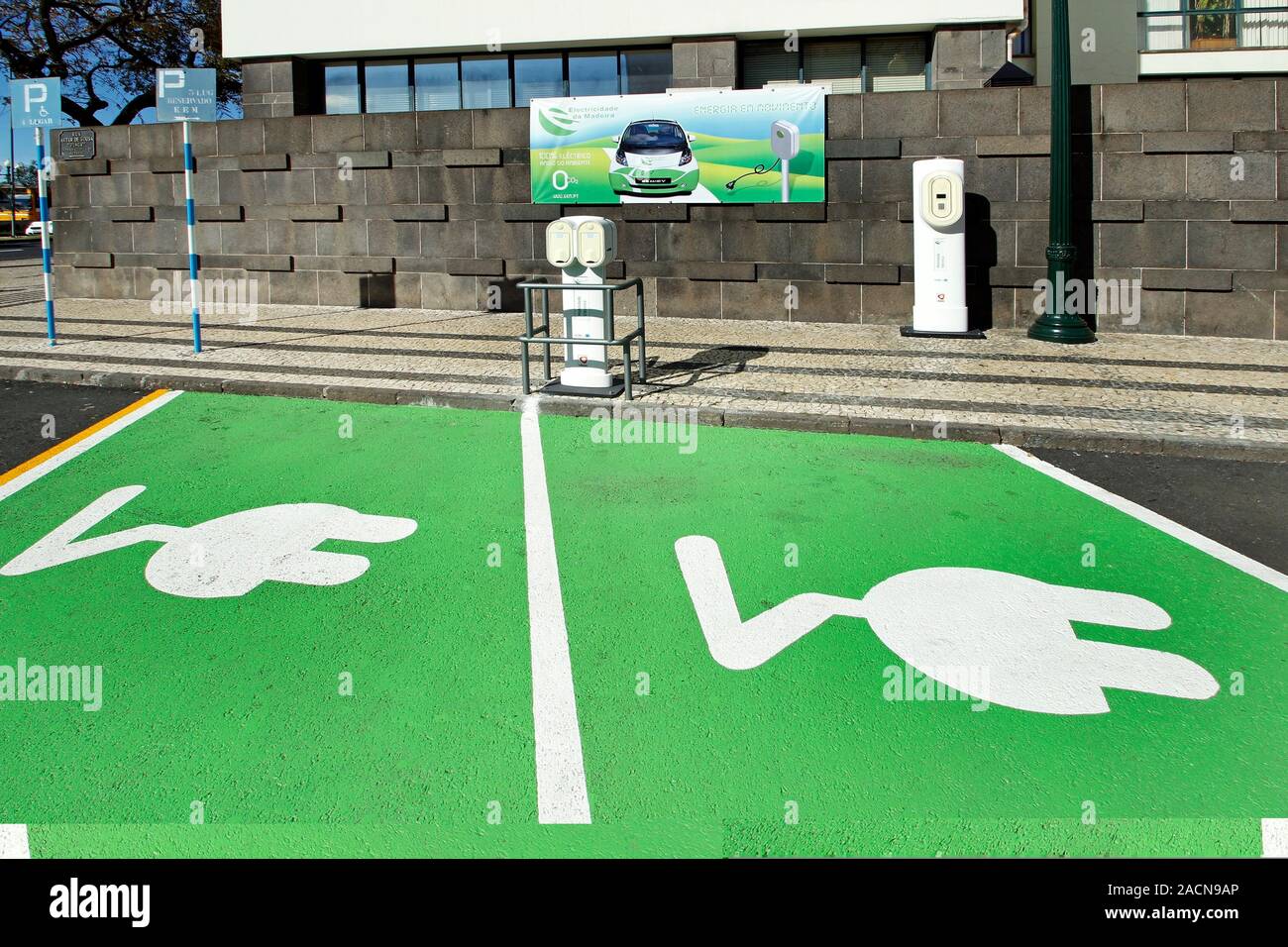 Electric car charging points. Electric cars run on electricity, rather