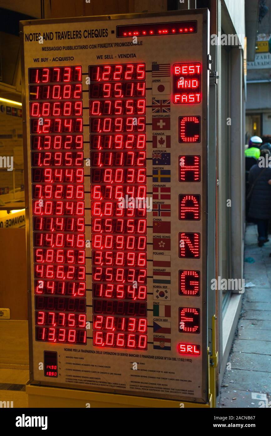 Exchange rate table of an exchange office Stock Photo