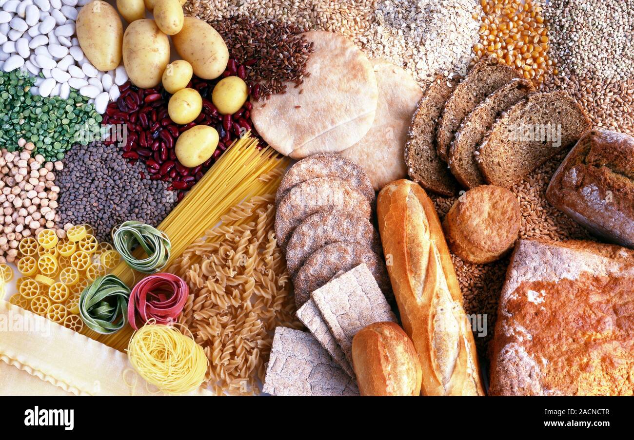Carbohydratecontaining foods. Assorted selection of foods that contain