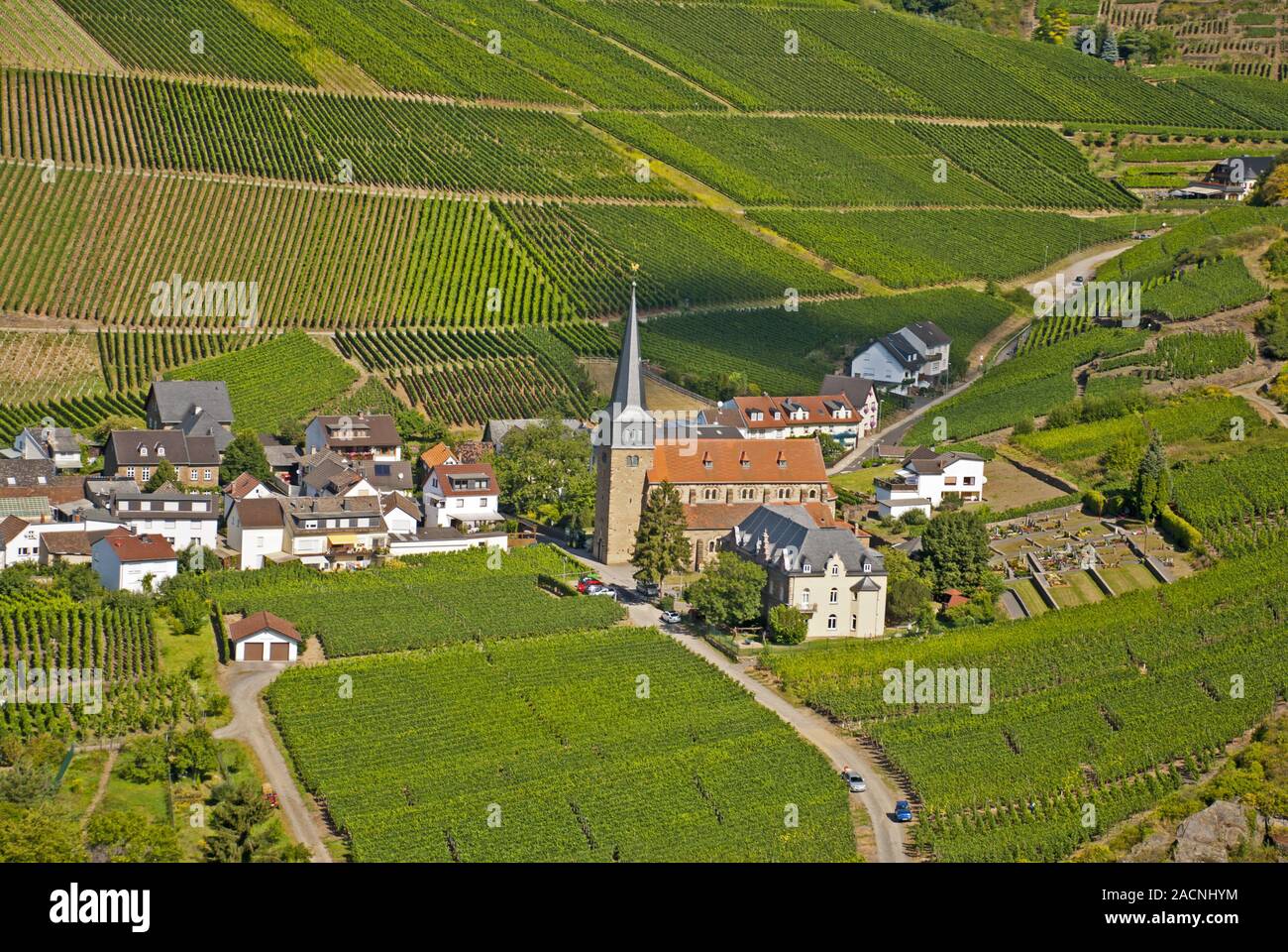 View to the parish church St.Nikolaus and vineyards in Mayschoß, from ...