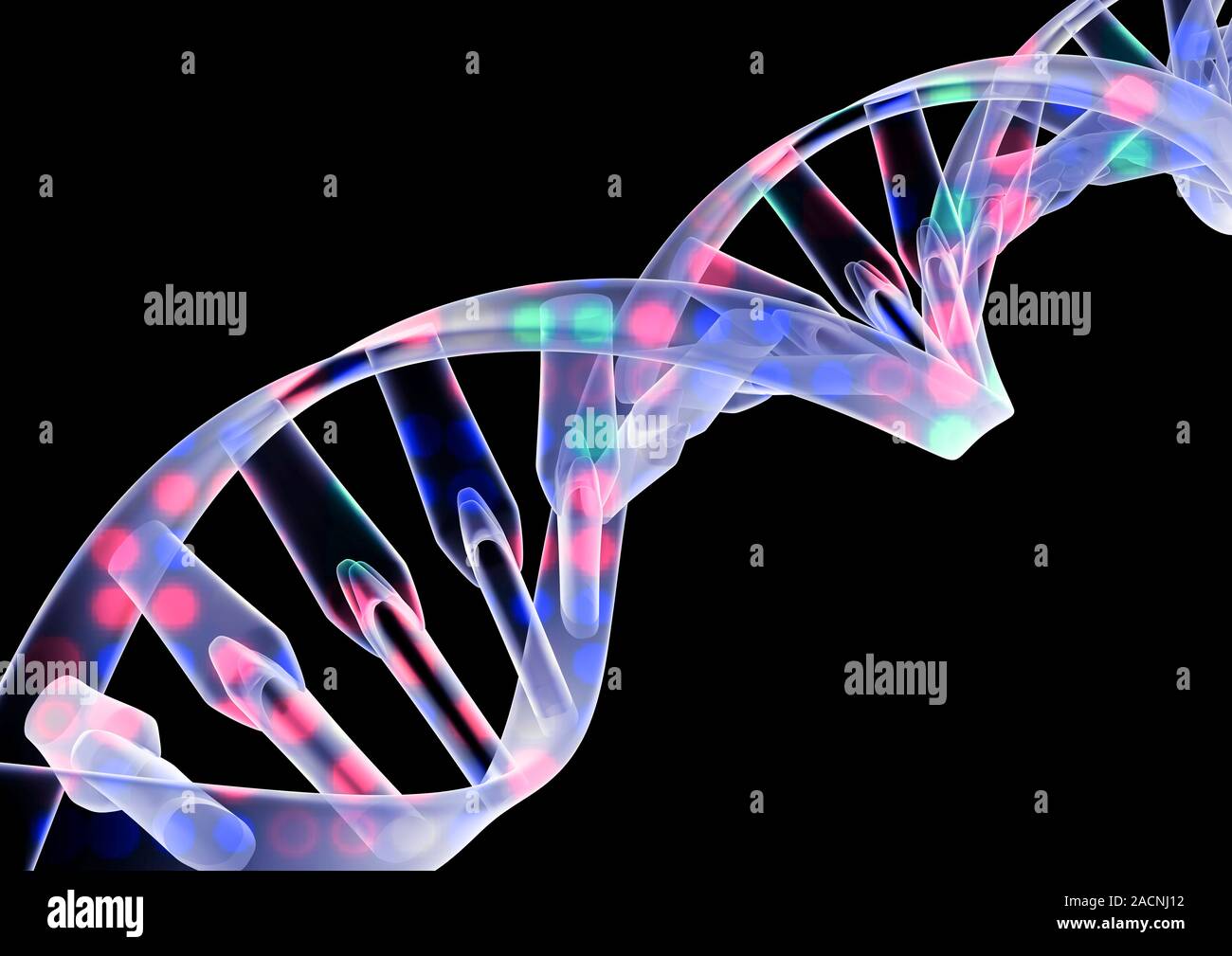 Gene switching, computer artwork. Coloured dots on a DNA helix