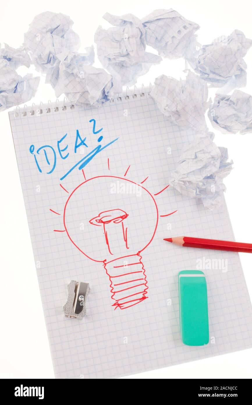 Idea and idea with light bulb. Symbol on a drawing. Stock Photo