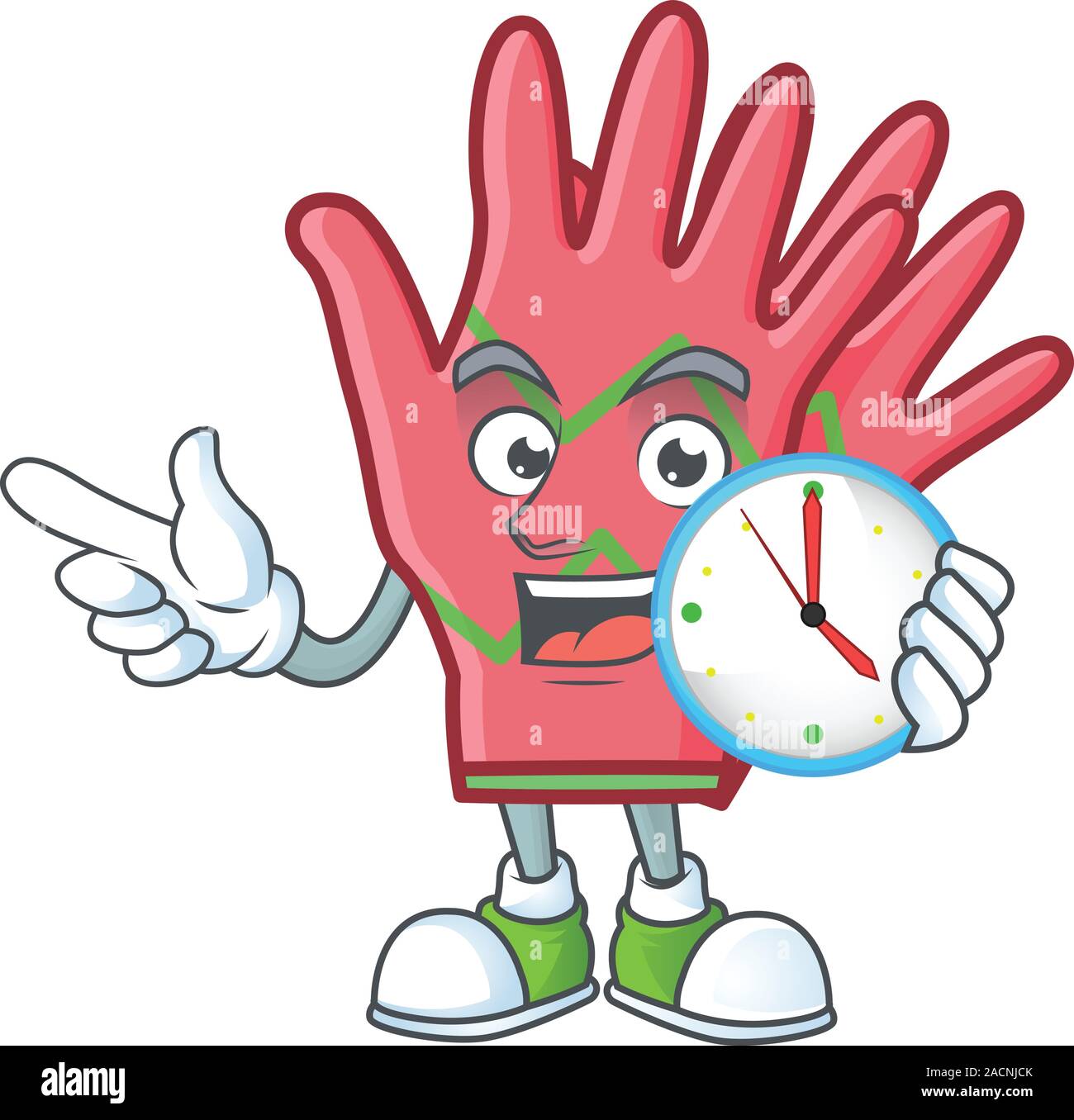 With clock smiling christmas gloves cartoon mascot style Stock Vector