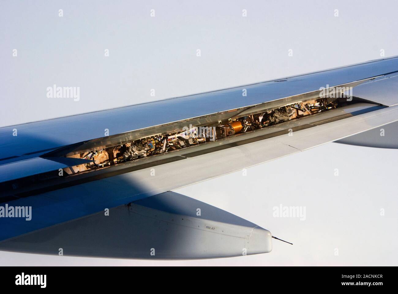 Aircraft wing interior showing hydraulics Stock Photo Alamy