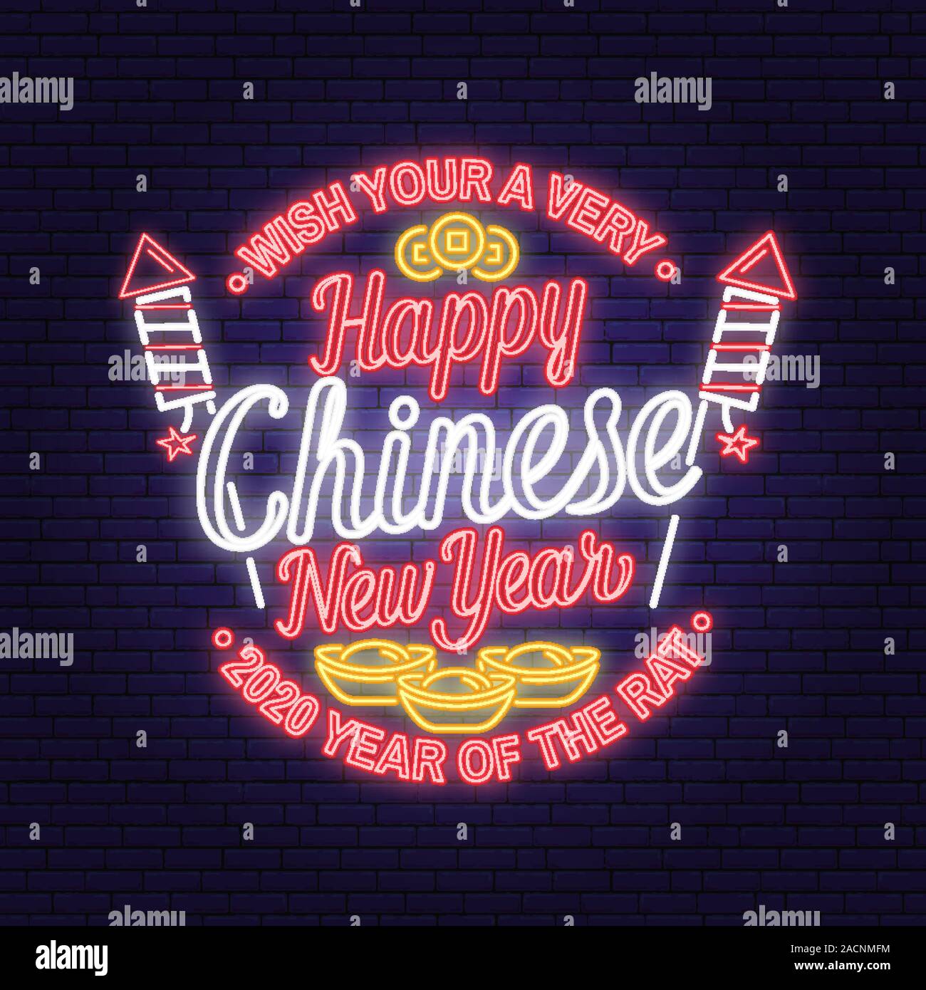 Happy Chinese New Year neon greetings card, flyers, poster. Vector. Chinese New Year neon sign with firework, lantern, firework rocket for new year emblem, bright signboard, light banner. Stock Vector