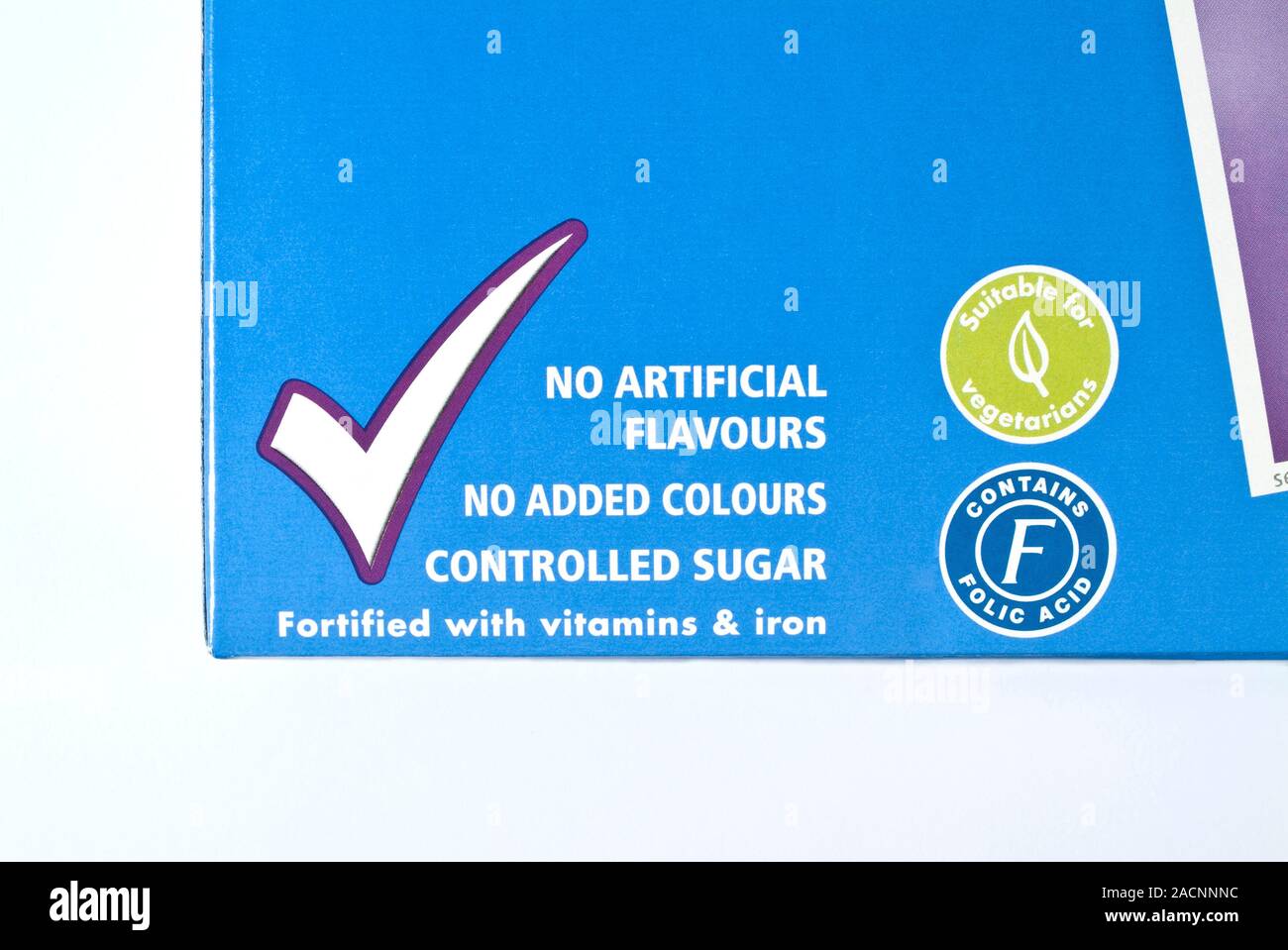 Cereal packet label. Food label on a packet of cereal, indicating the