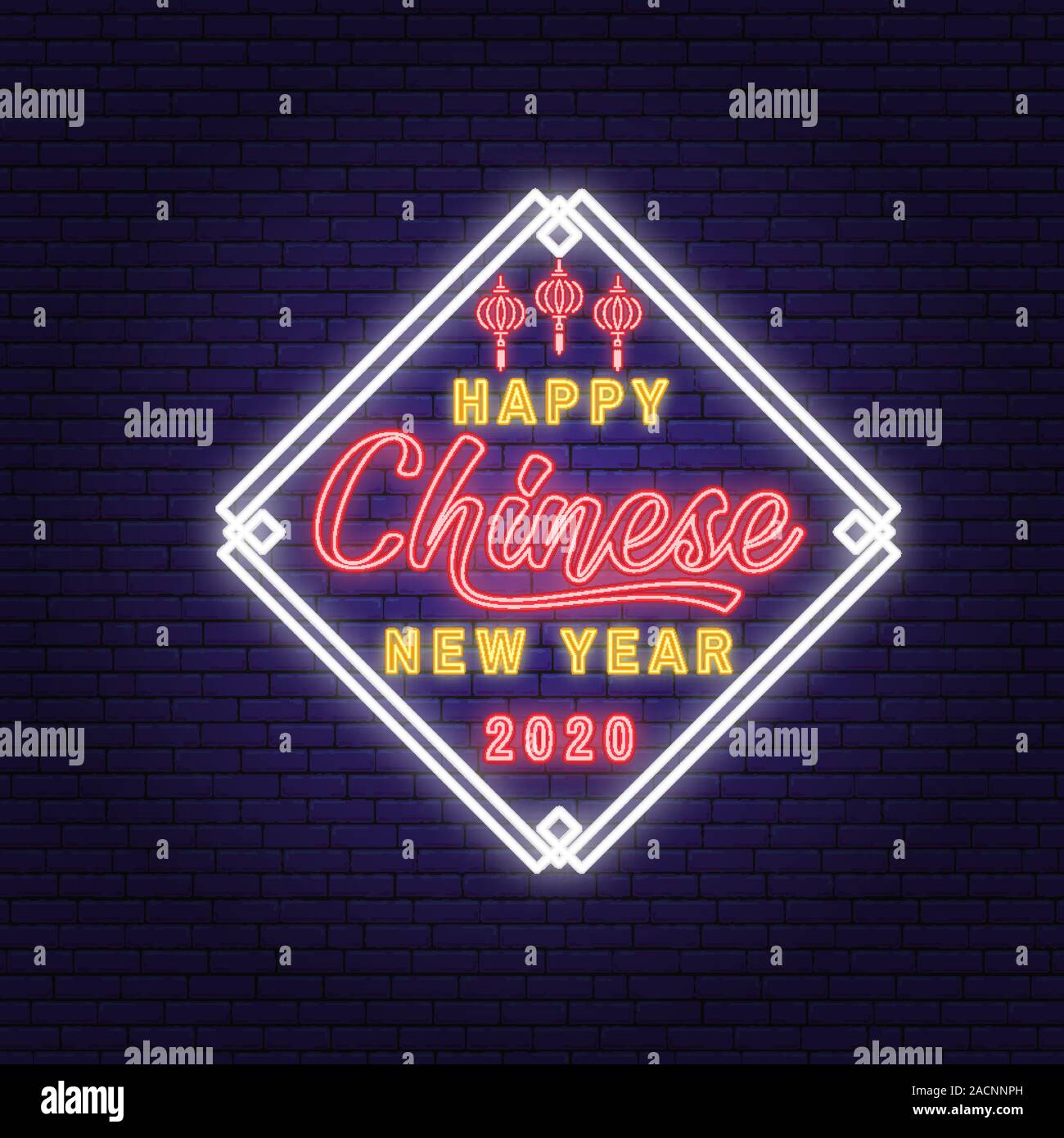 Happy Chinese New Year neon greetings card, flyers, poster in retro style. Vector illustration. Chinese New Year neon sign with lantern for new year emblem, bright signboard, light banner. Stock Vector