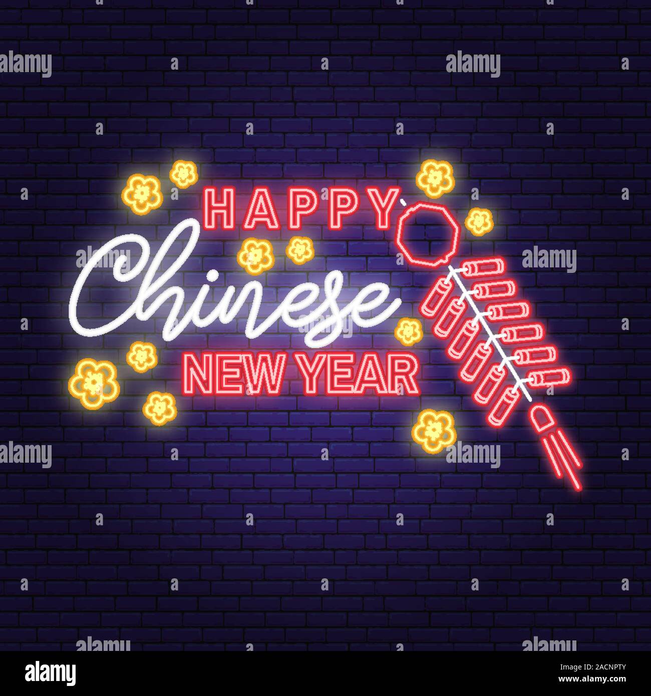 Happy Chinese New Year neon sign. Vector. Chinese New Year greetings card, flyers, poster. Neon chinese sign with red fire cracker and sakura for new year emblem, bright signboard, light banner. Stock Vector