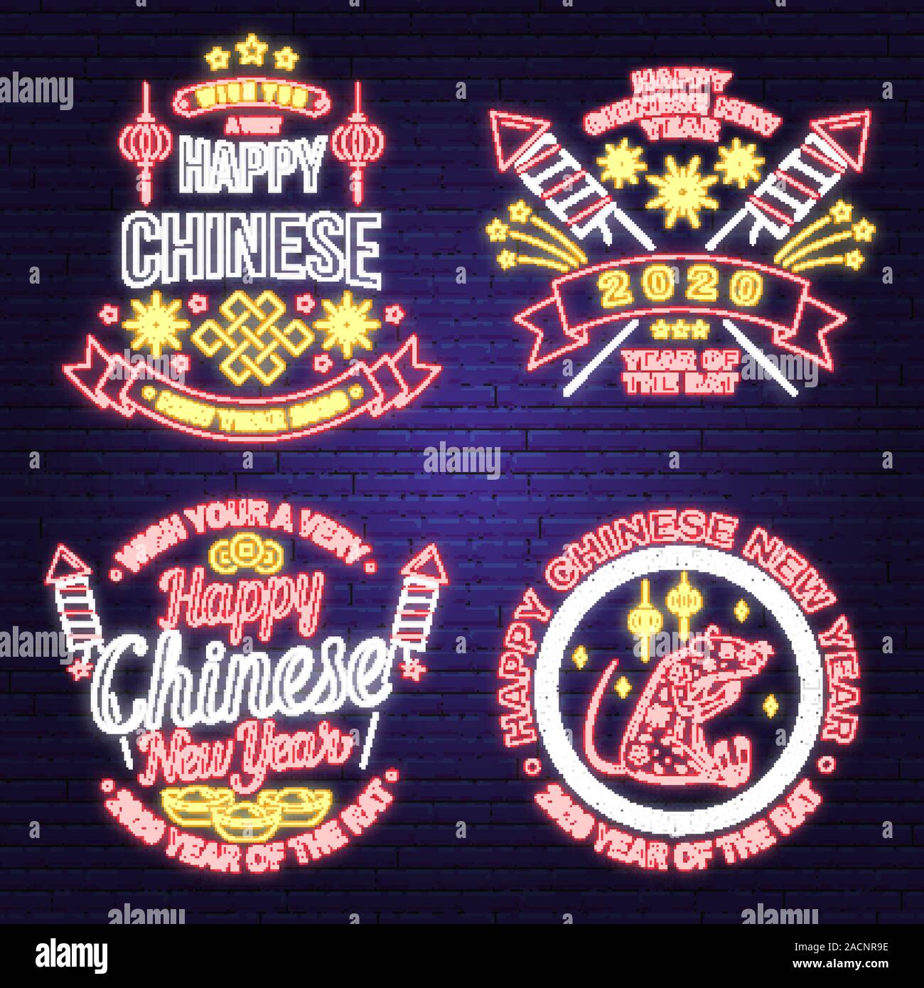 Set of happy Chinese New Year neon greetings card, flyers, poster in retro style. Vector. Chinese New Year neon sign with rat, lantern for new year emblem, bright signboard, light banner. Stock Vector