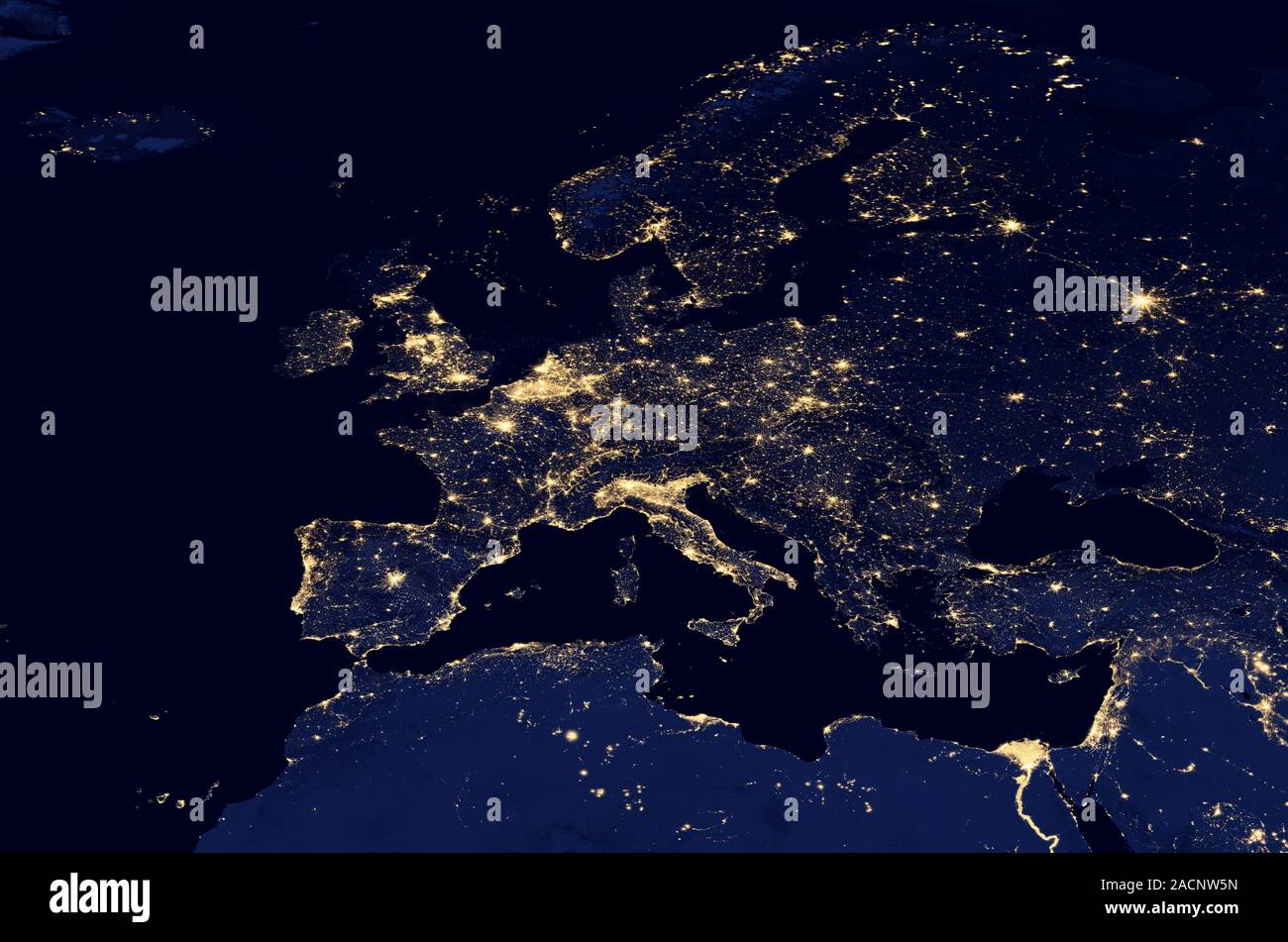 Europe at night. Black marble satellite image of Europe at night. More densely populated areas are brighter. Lights from ships and flares from gas and Stock Photo