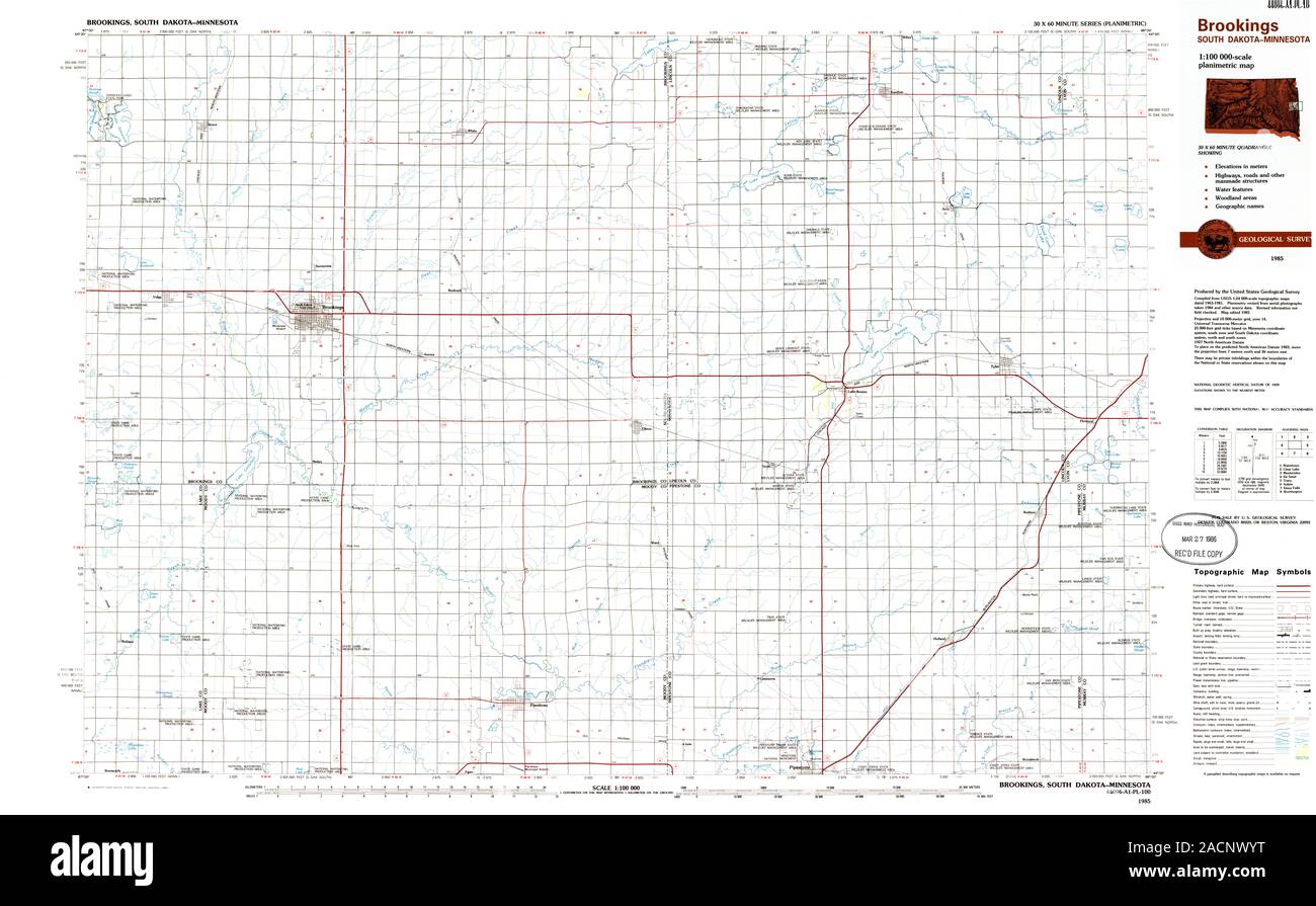 USGS TOPO Map South Dakota SD Brookings 344662 1985 100000 Restoration Stock Photo