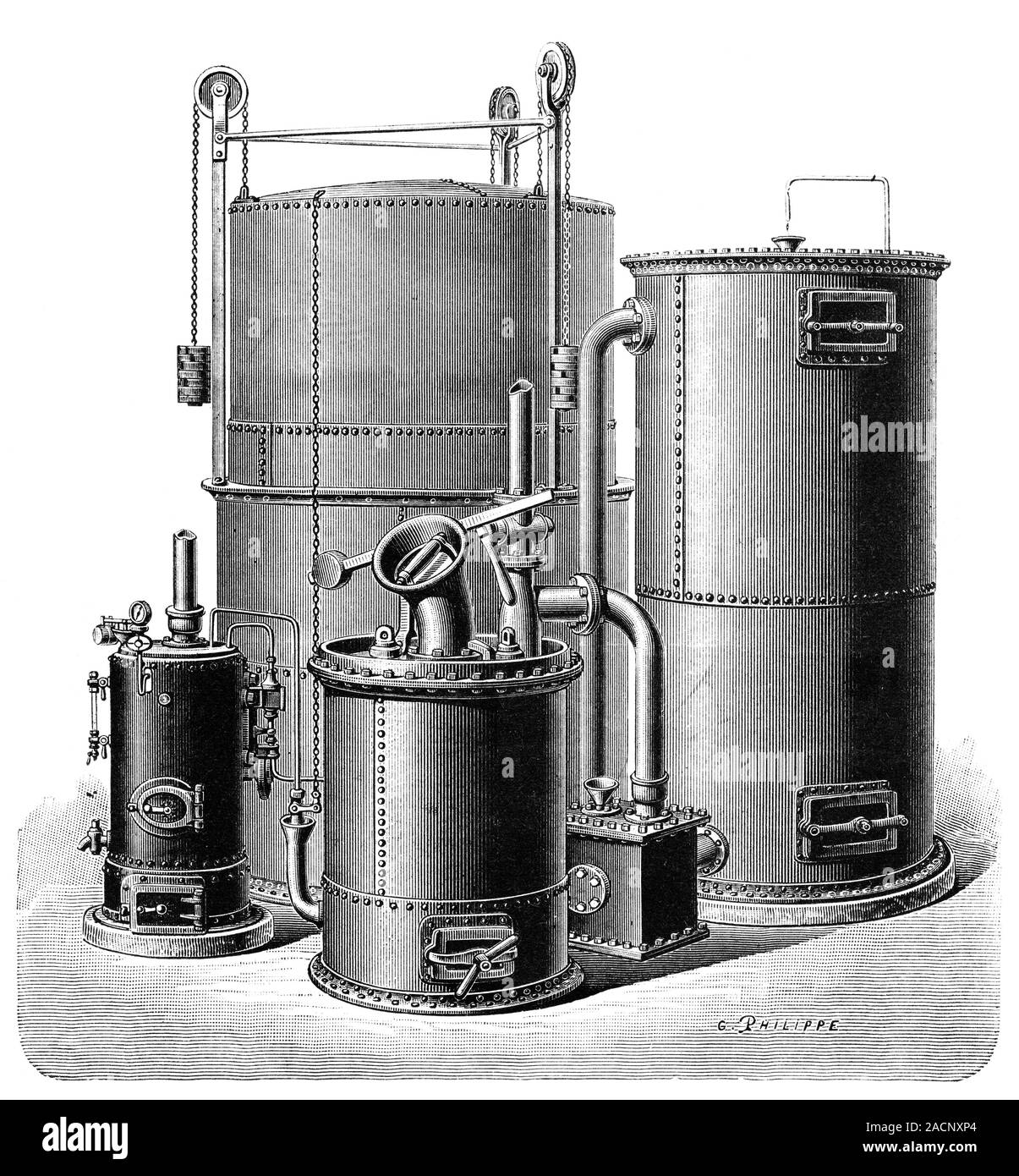 Otto gasification unit. 19thcentury artwork of an Otto gasification