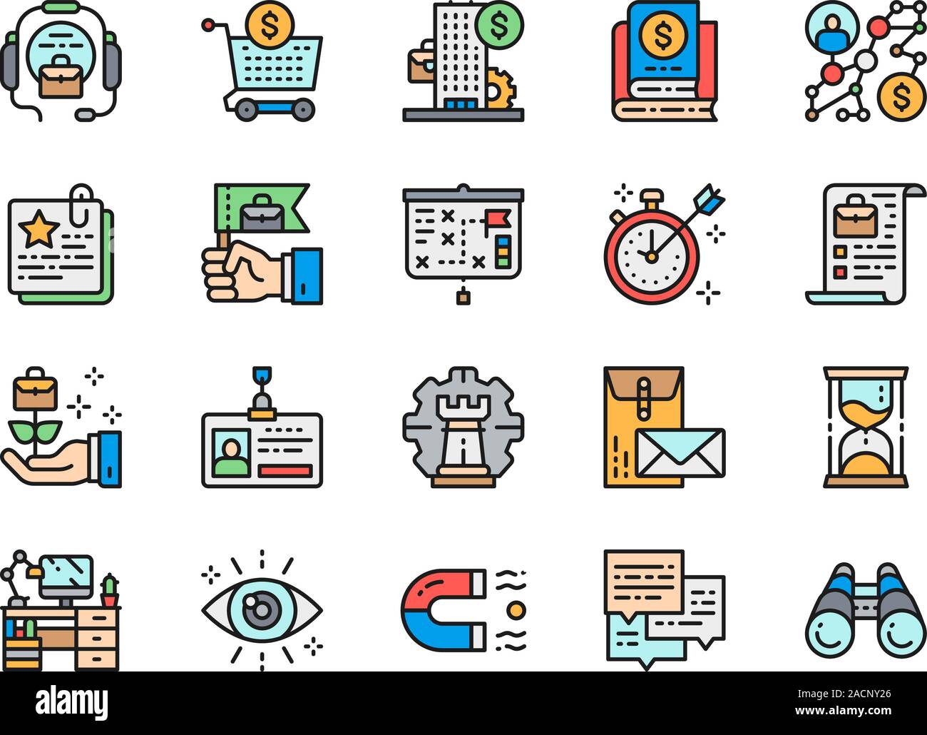 Set of Business Strategy Flat Color Icons. Call Center, Bank, Algorithm and more Stock Vector