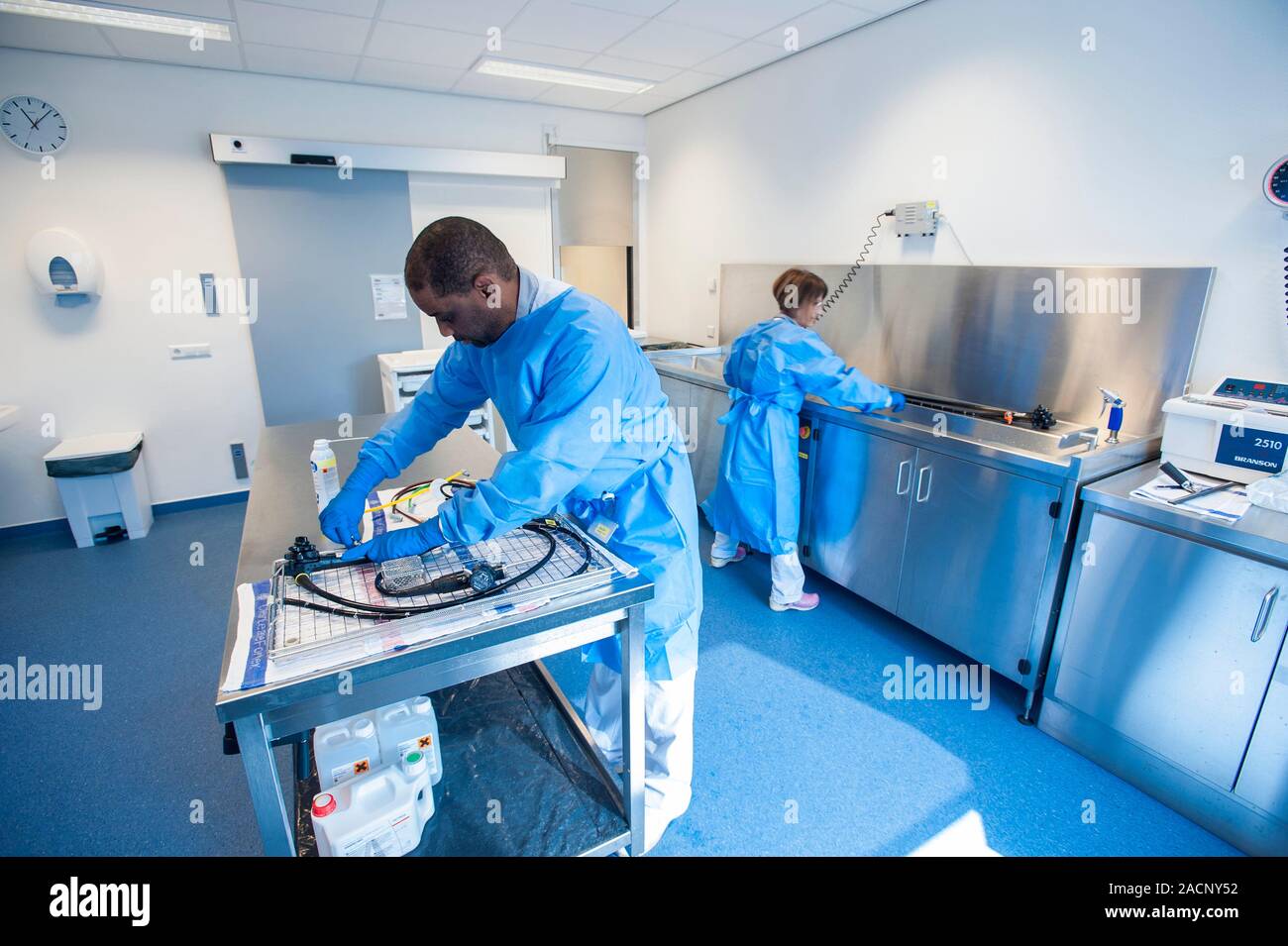 Endoscope sterilisation. Technicians preparing endoscopes for